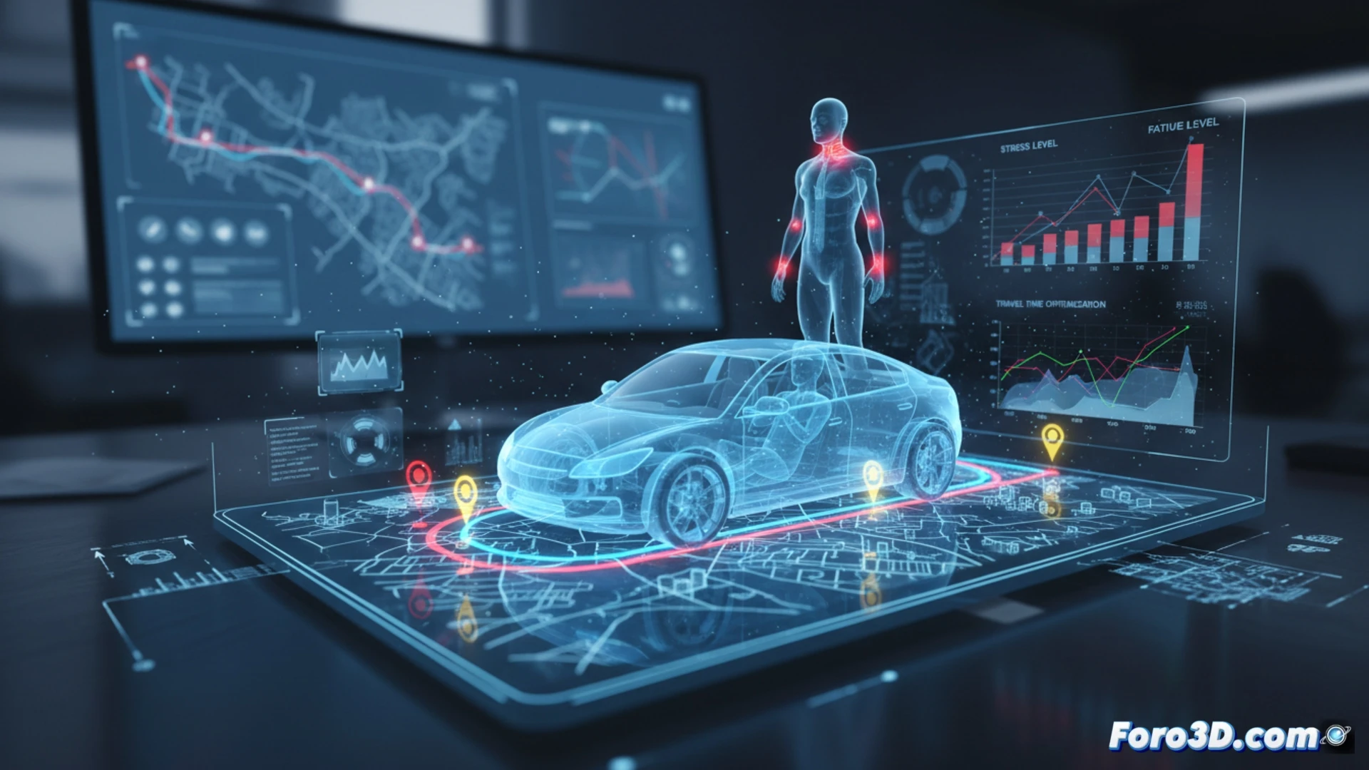 Simulación 3D de rutas comerciales con puntos de riesgo y fatiga del conductor en carretera