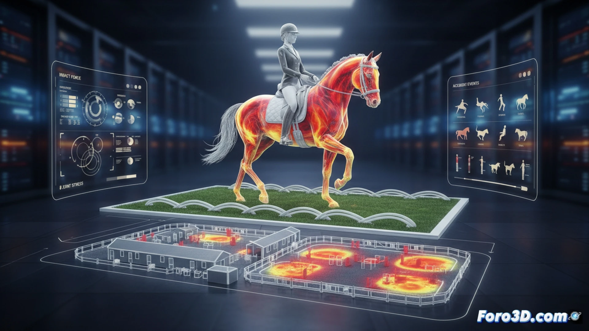 Simulación 3D biomecánica jinete caballo mapas calor riesgo laboral doma prevención accidentes