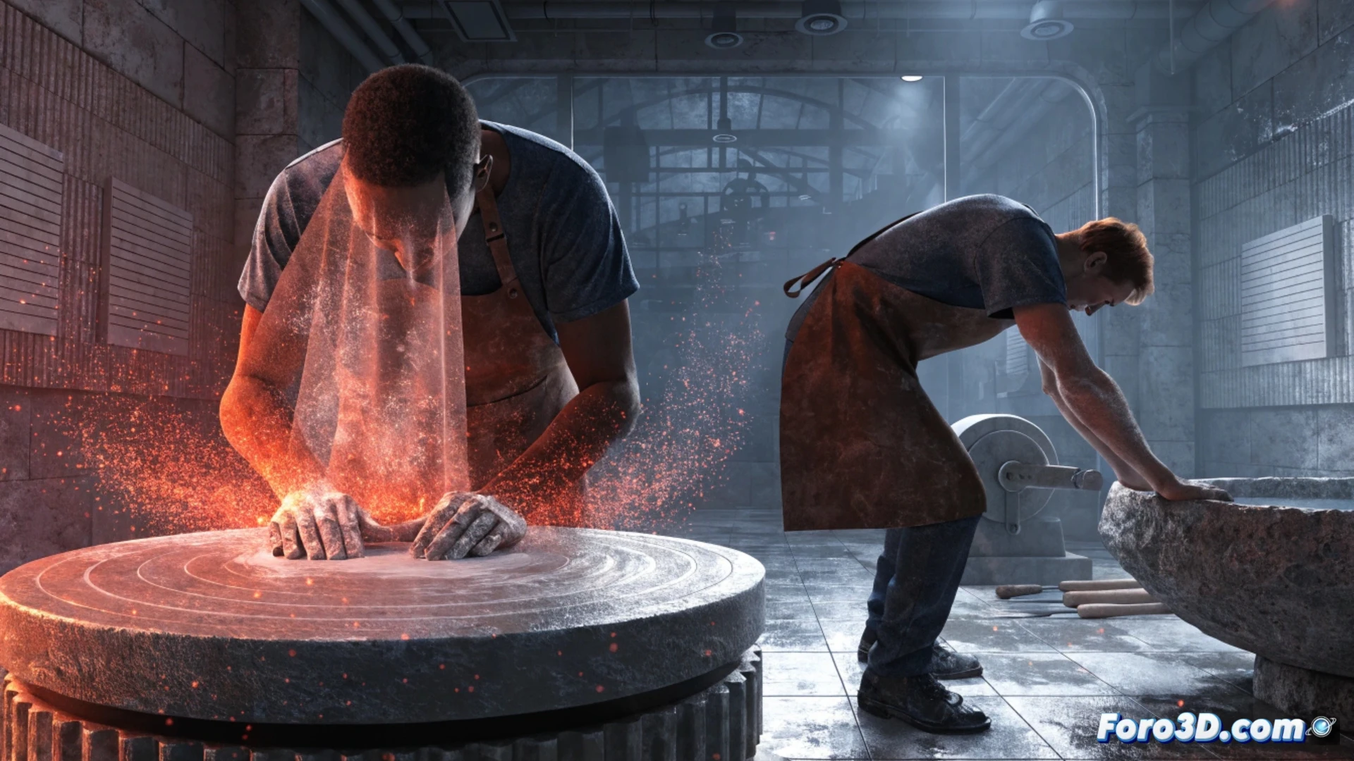 Simulacion 3D de riesgos laborales en alfareria, polvo de silice y posturas forzadas en torno ceramico