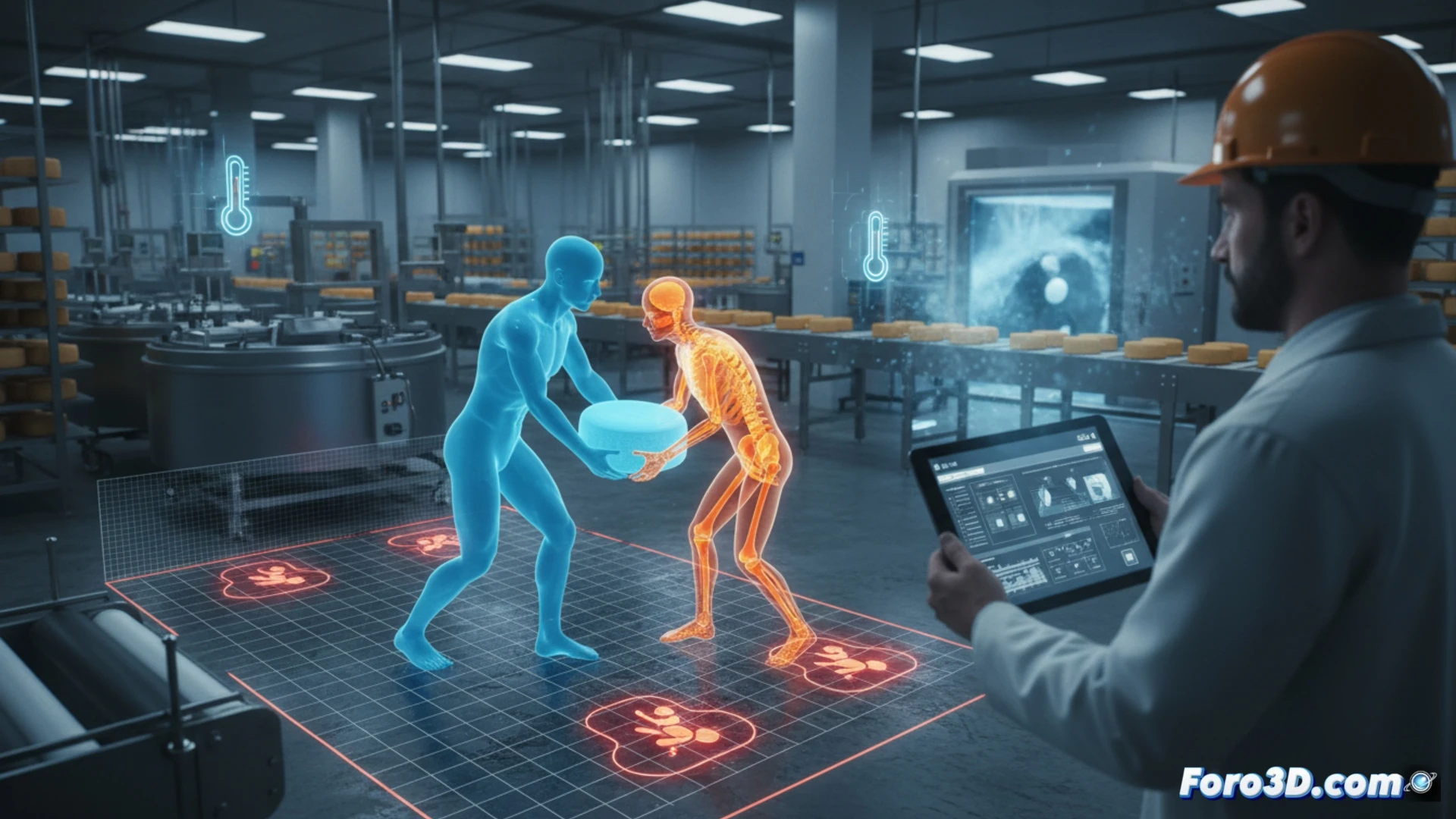 Simulación 3D de riesgos laborales en quesería, prevención digital de accidentes con suelos resbaladizos y cargas pesadas