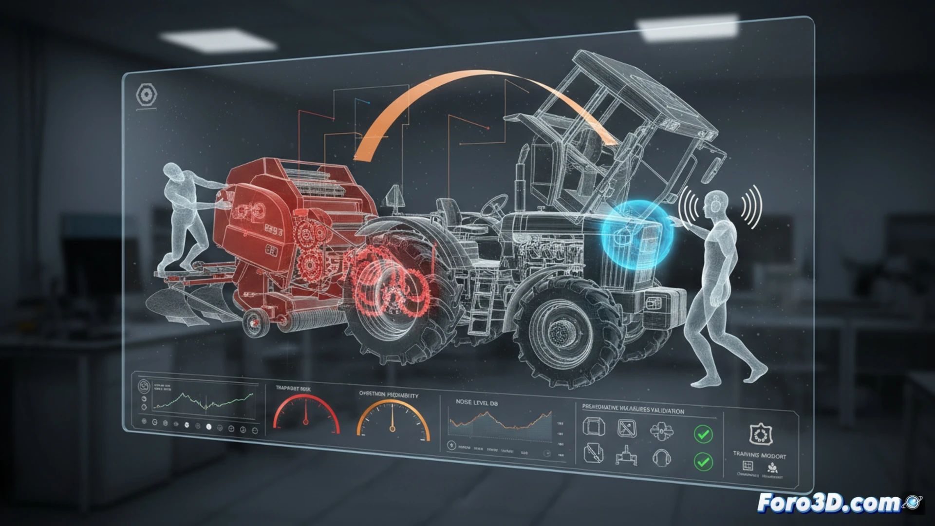 Simulación 3D de tractor agrícola en campo con análisis de riesgos de vuelco y atrapamiento para seguridad laboral