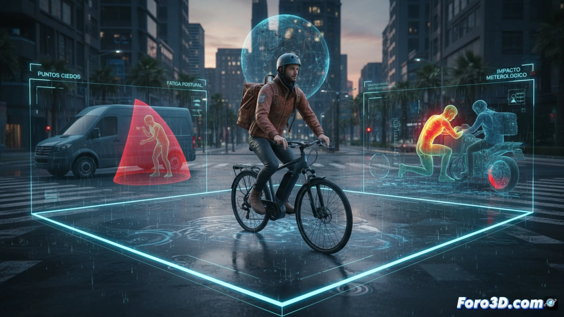 Simulación 3D de mensajero en moto en intersección urbana con análisis de fatiga postural y riesgos climáticos
