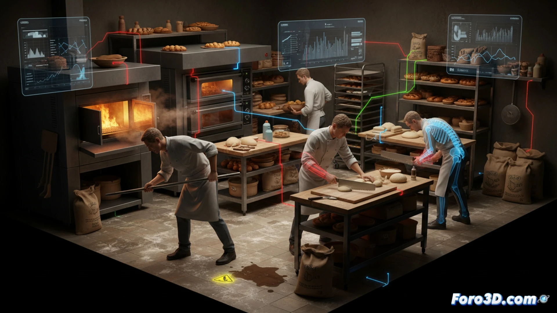 Simulacion 3D de riesgos laborales en pasteleria artesanal con hornos y cuchillos