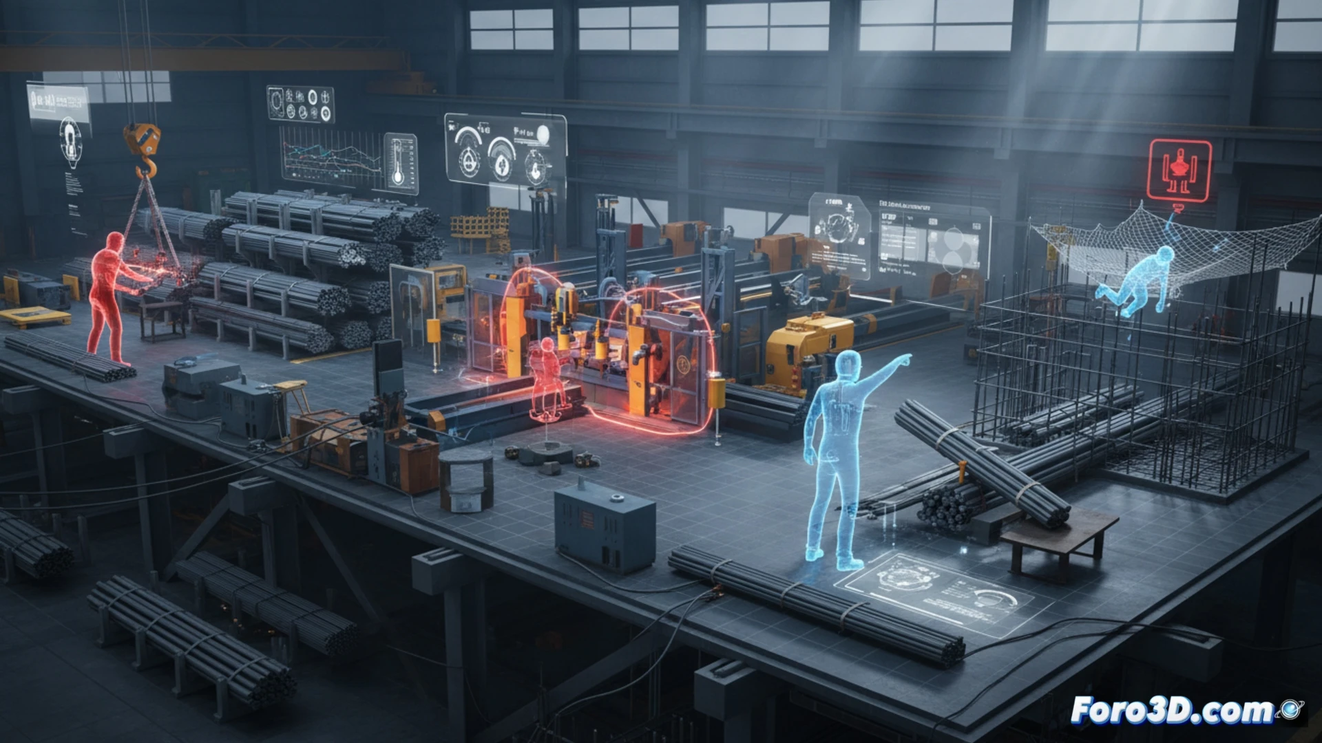 Simulación 3D de riesgos laborales en planta de ferralla con trabajador y maquinaria pesada