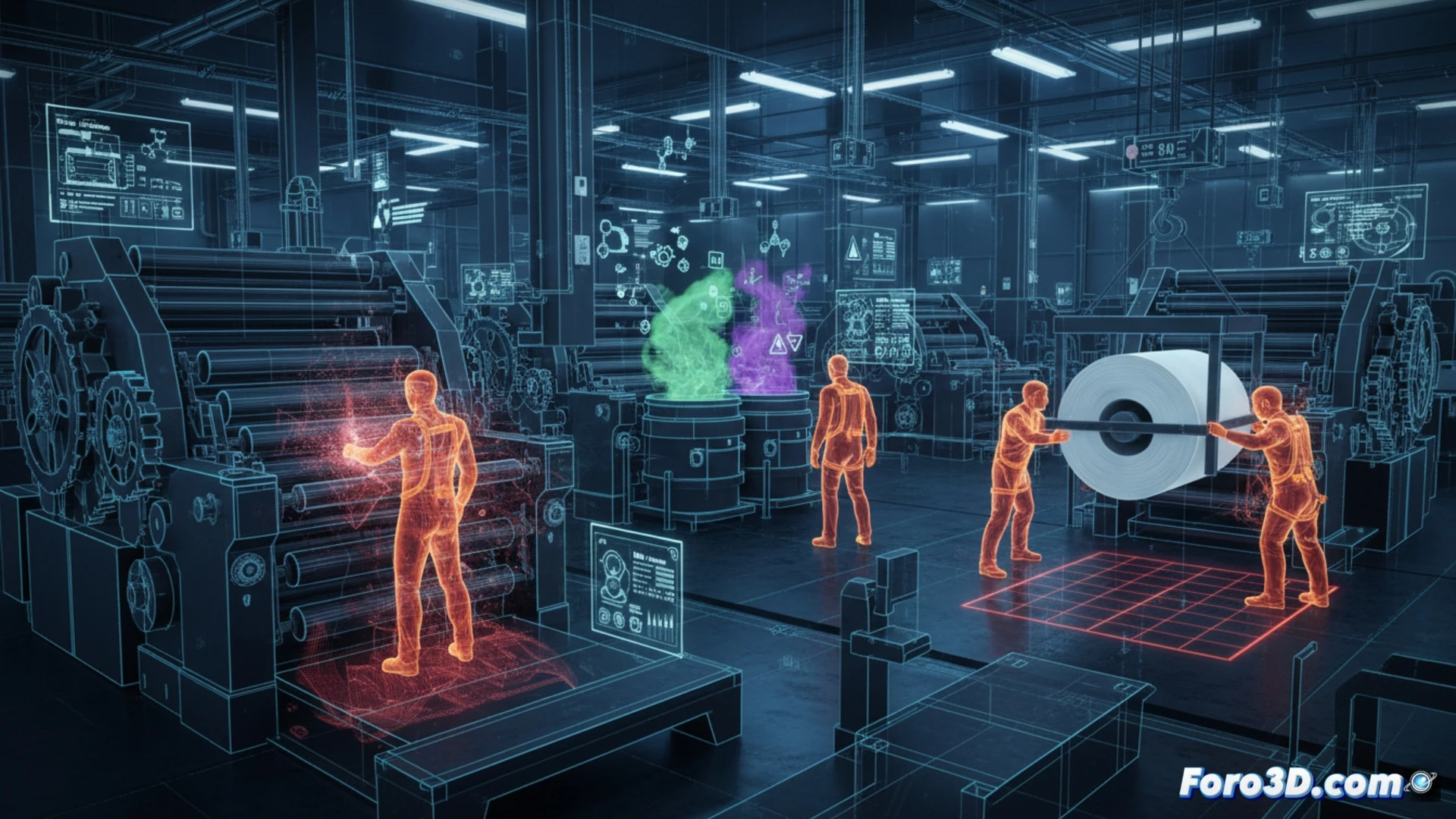 Simulación 3D de riesgos laborales en planta de impresión industrial con operarios y maquinaria pesada