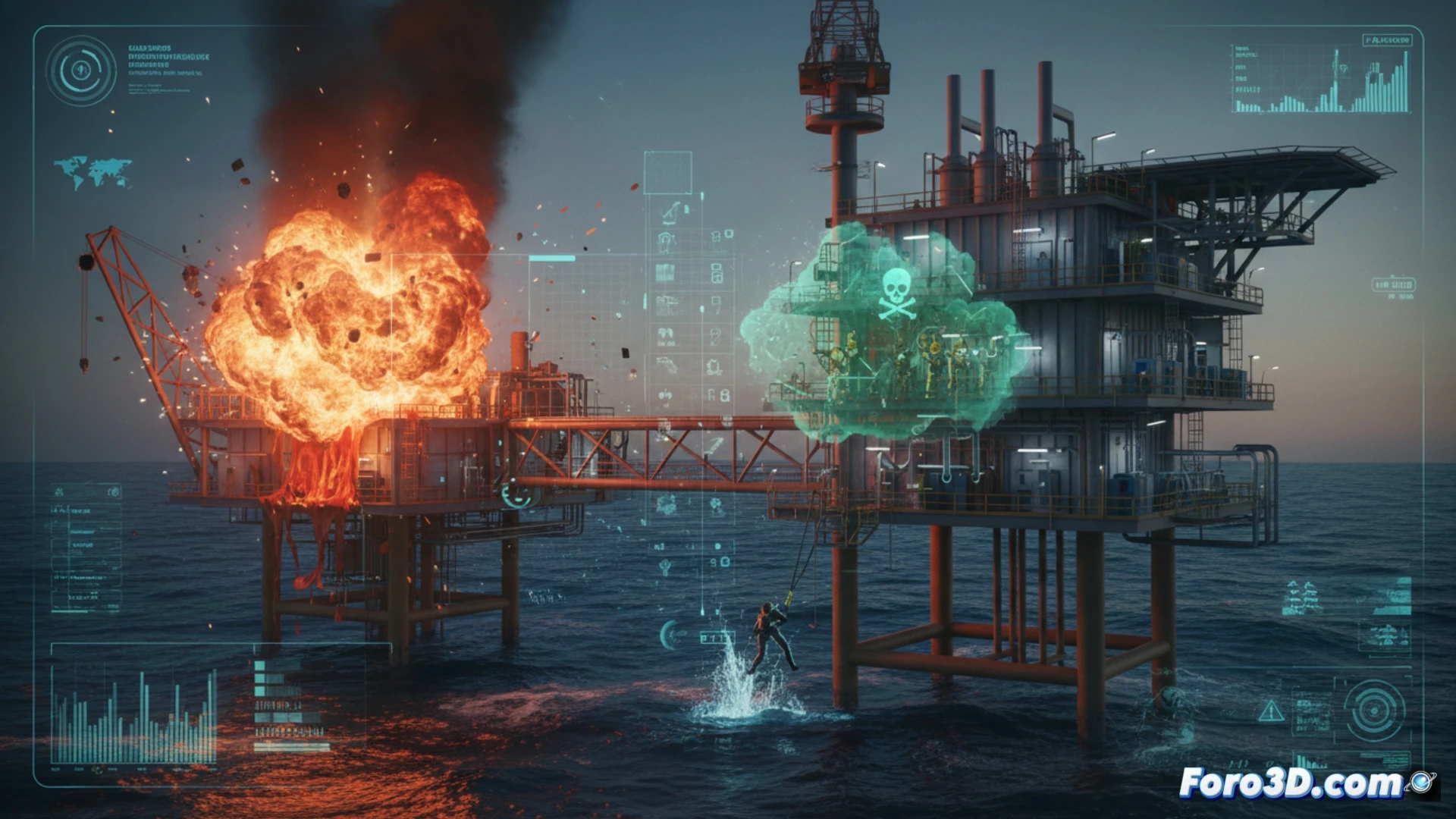 Simulación 3D de incendio y explosión en plataforma petrolera con trabajadores en equipos de seguridad