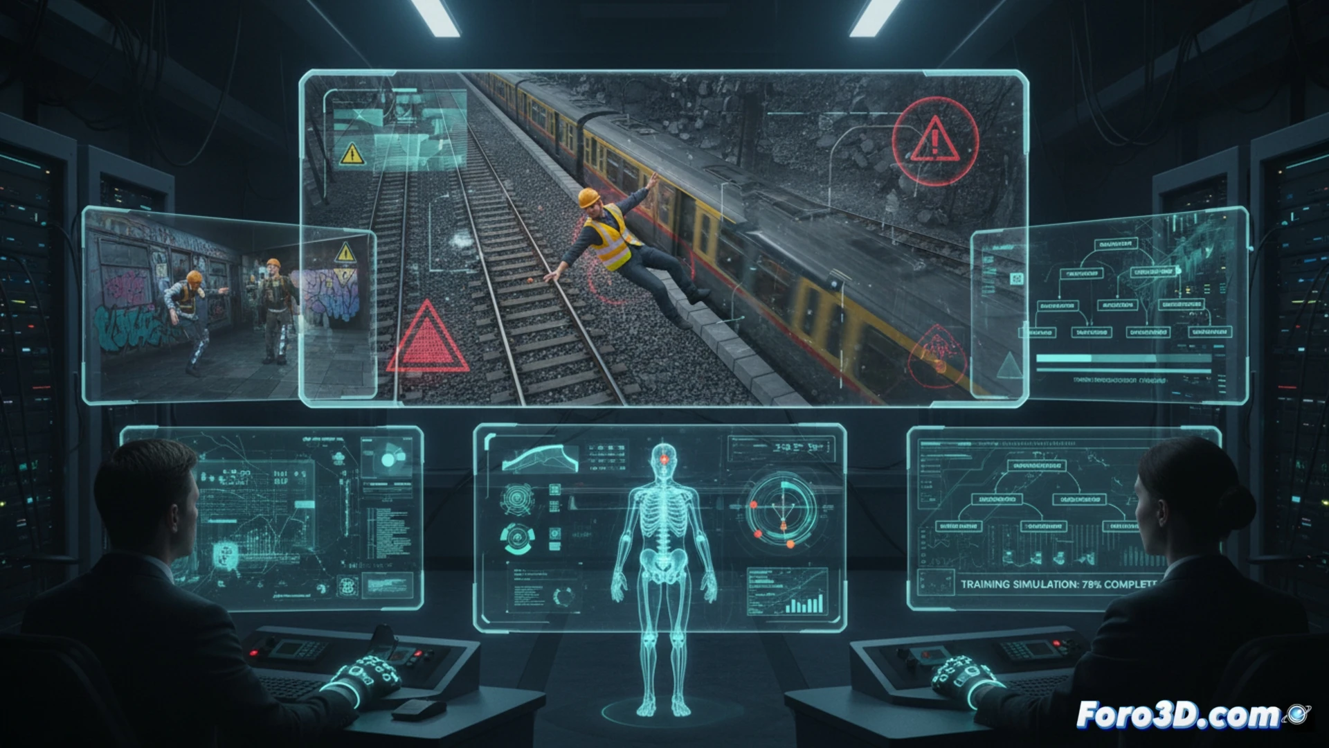 Simulación 3D de revisor ferroviario en vagón, analizando riesgos de caídas y cumplimiento normativo digital