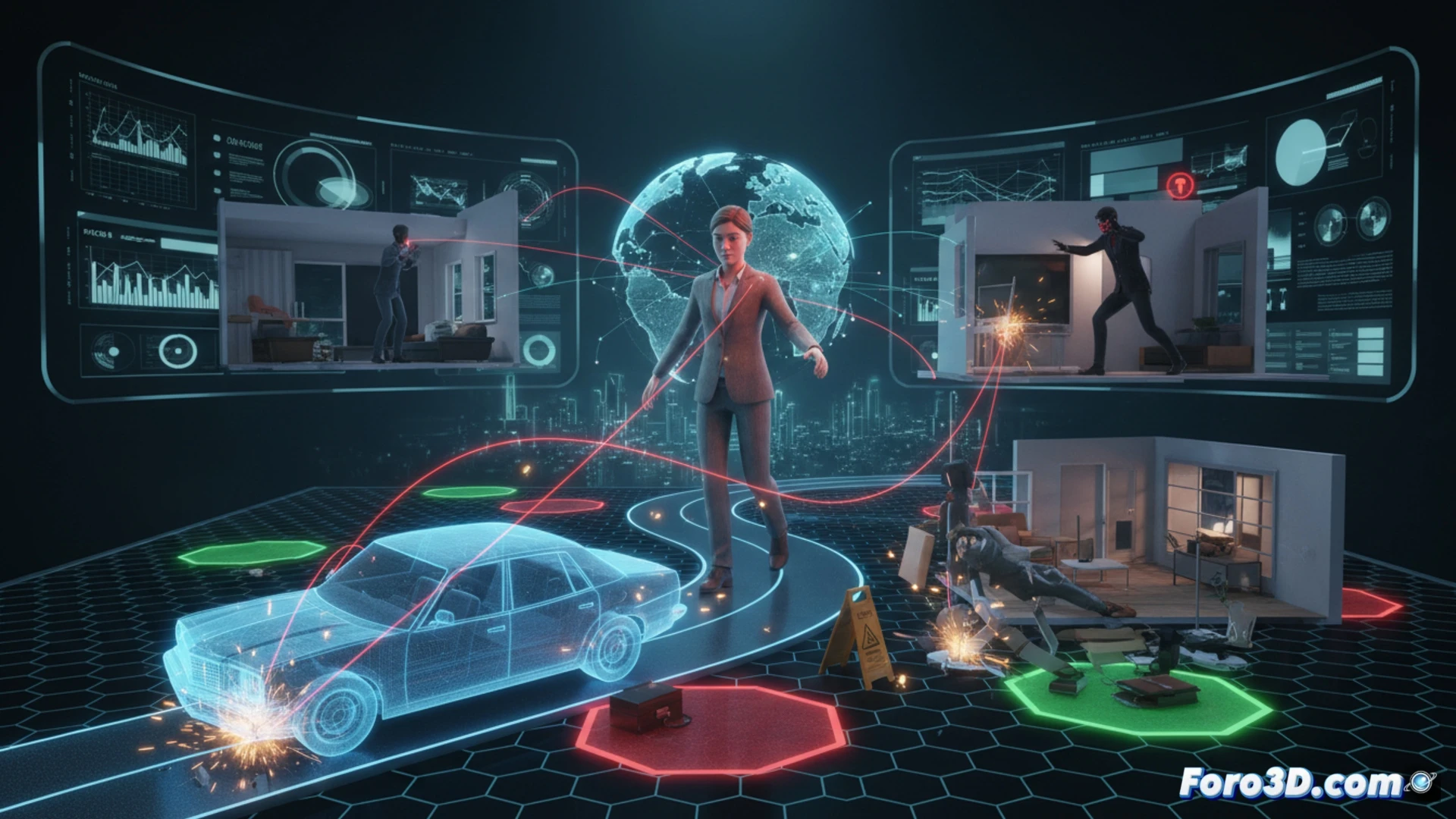 Simulación 3D de riesgos laborales para agentes inmobiliarios, con trayectorias virtuales y puntos críticos de seguridad.