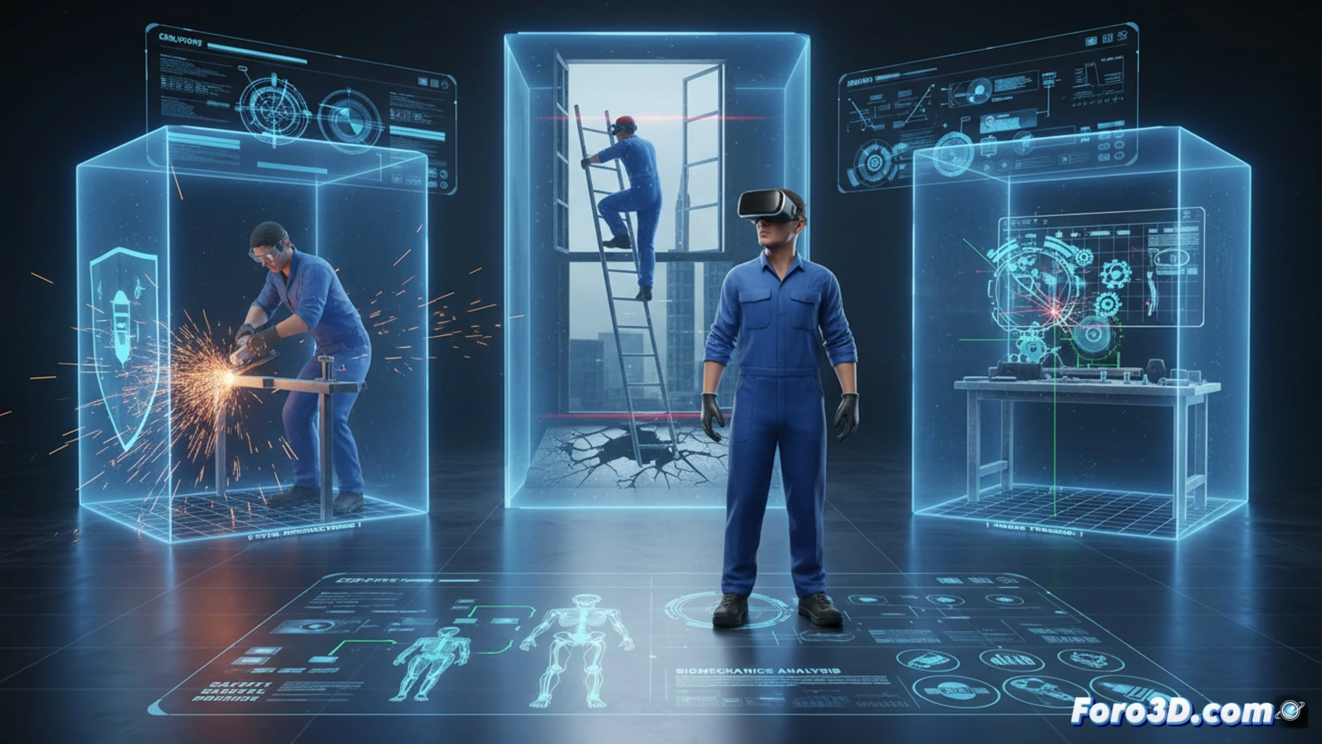 Simulación 3D de riesgos laborales para cerrajeros con virutas metálicas y posturas forzadas en taller virtual