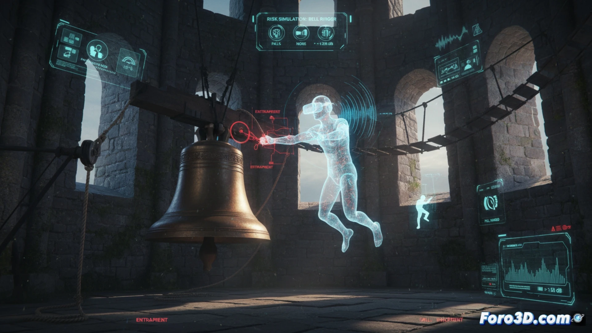 Campanero en torre medieval, simulación 3D de riesgos laborales, caída desde altura y poleas