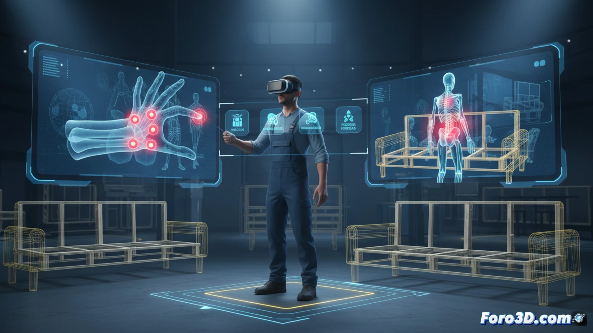 Simulación 3D de tapicero con posturas forzadas y herramientas de riesgo en entorno virtual de prevención laboral