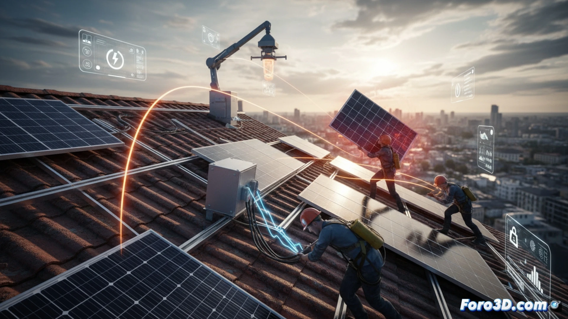 Simulación 3D de riesgos laborales en instalación solar, techo inclinado con panel fotovoltaico y trabajador con arnés de seguridad