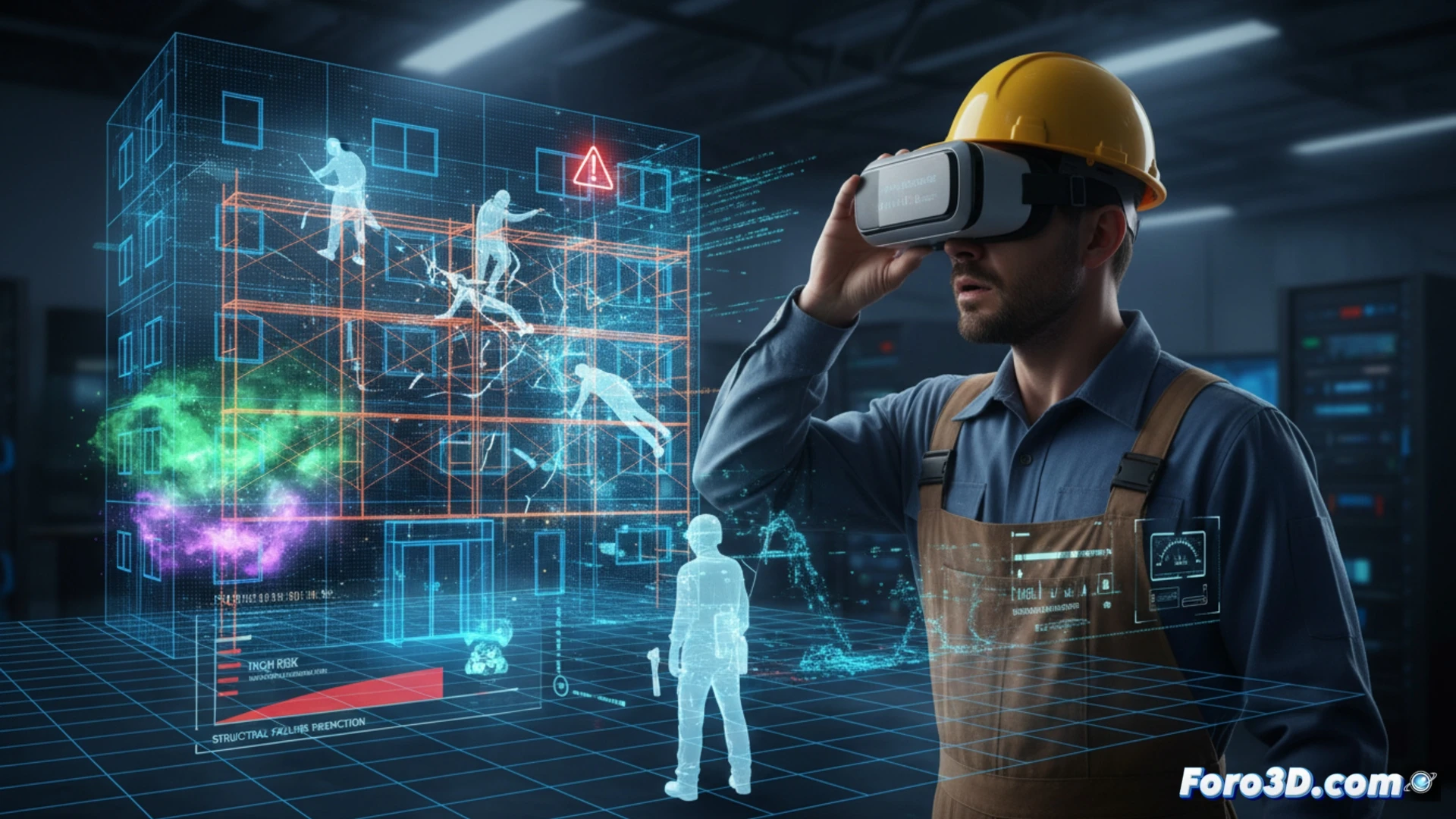 Simulación 3D de pintor en andamio con nubes de dispersión de disolventes tóxicos en entorno virtual de obra