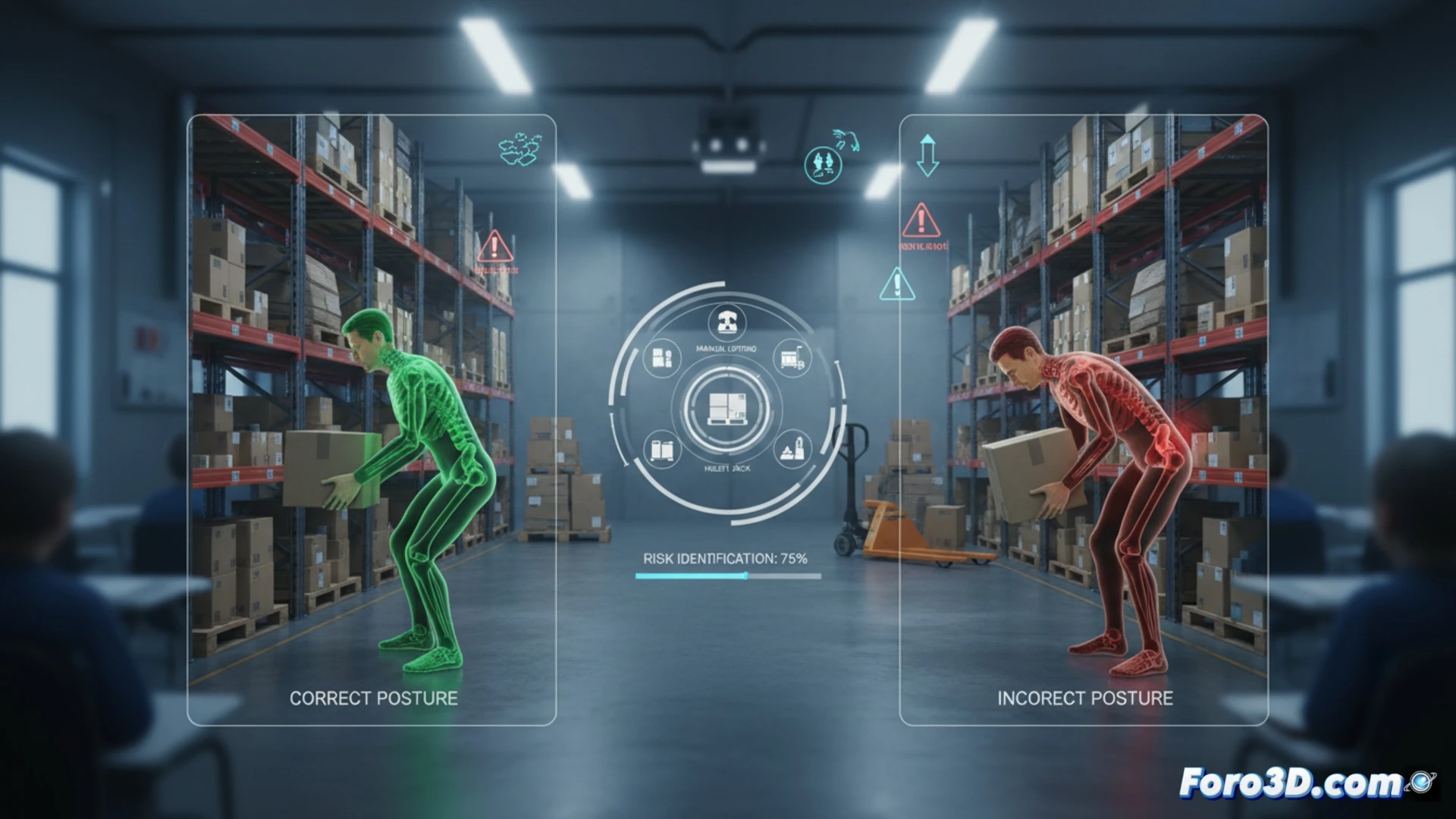 Simulación 3D almacén logístico con reponedor usando escalera y posturas correctas para prevenir riesgos laborales