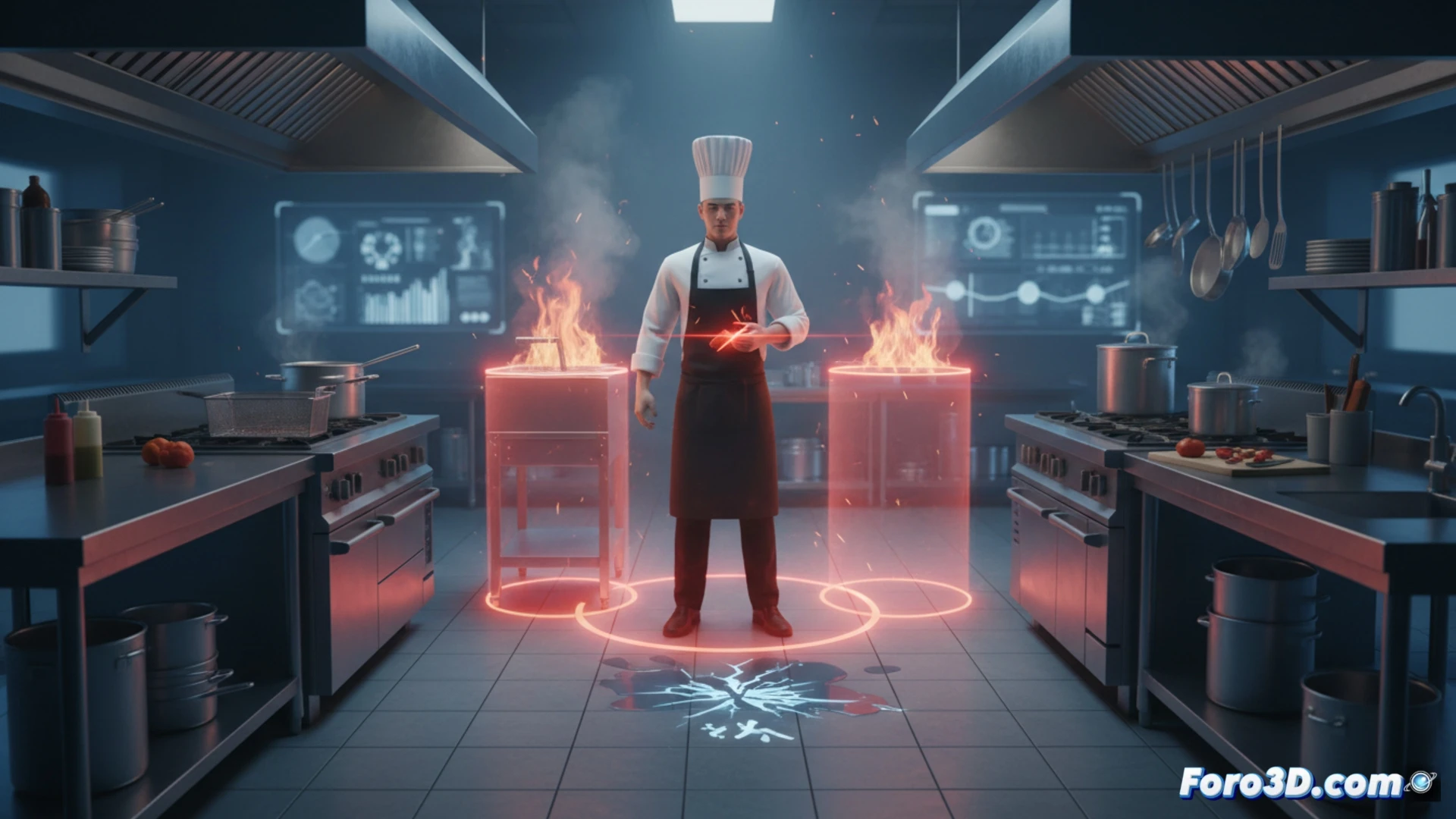 Simulación 3D de sous chef en cocina profesional con riesgos de cortes, quemaduras y caídas en entorno virtual de entrenamiento