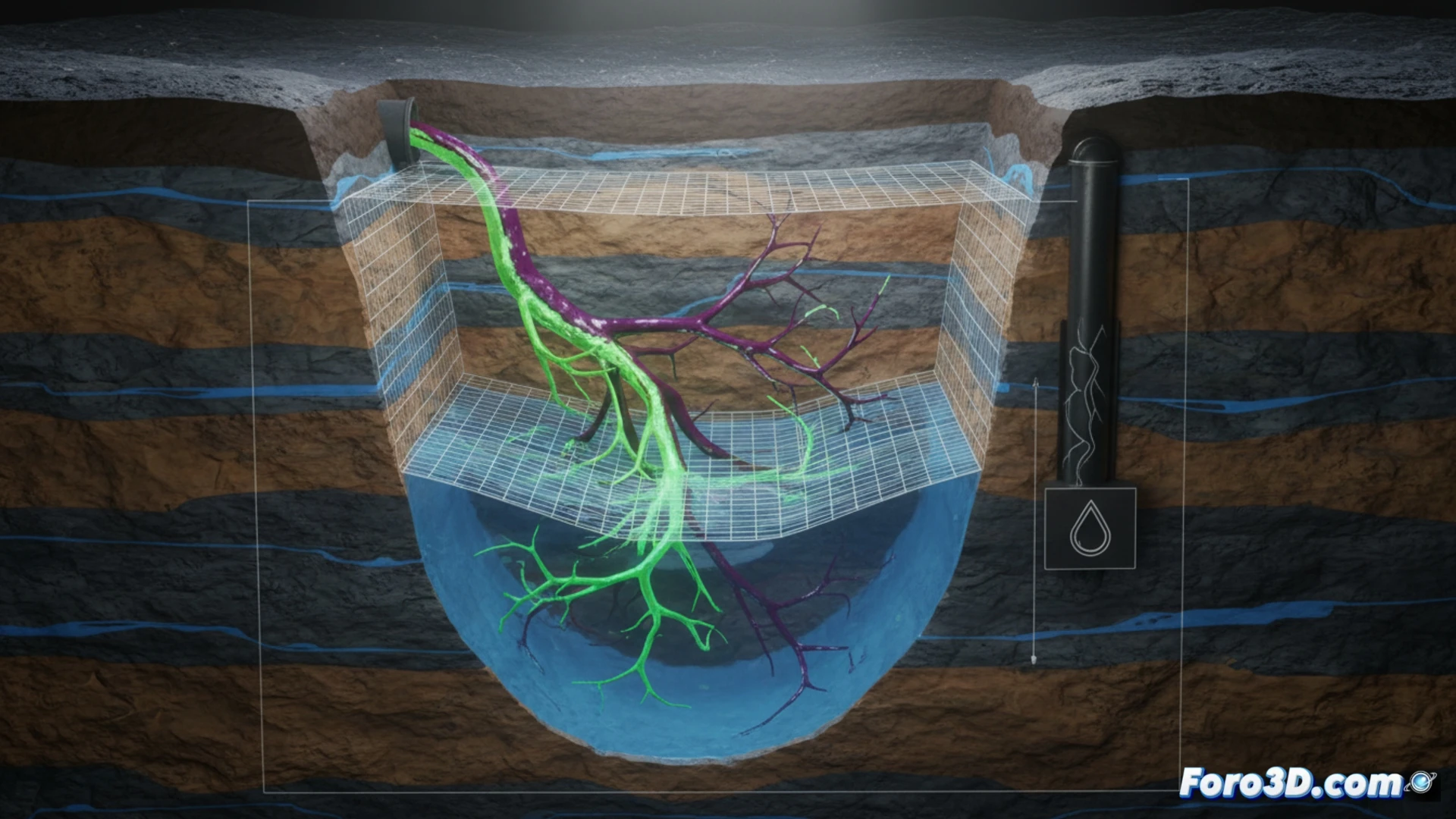 Simulación 3D de pluma tóxica avanzando por capas subterráneas hacia acuíferos y pozos de agua potable