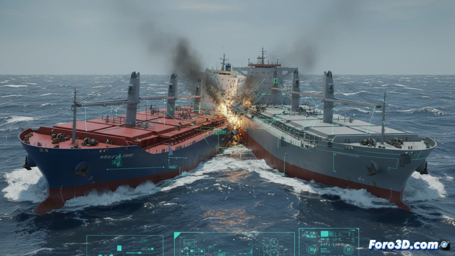 Simulación 3D de choque entre dos buques de carga en alta mar con olas y humo