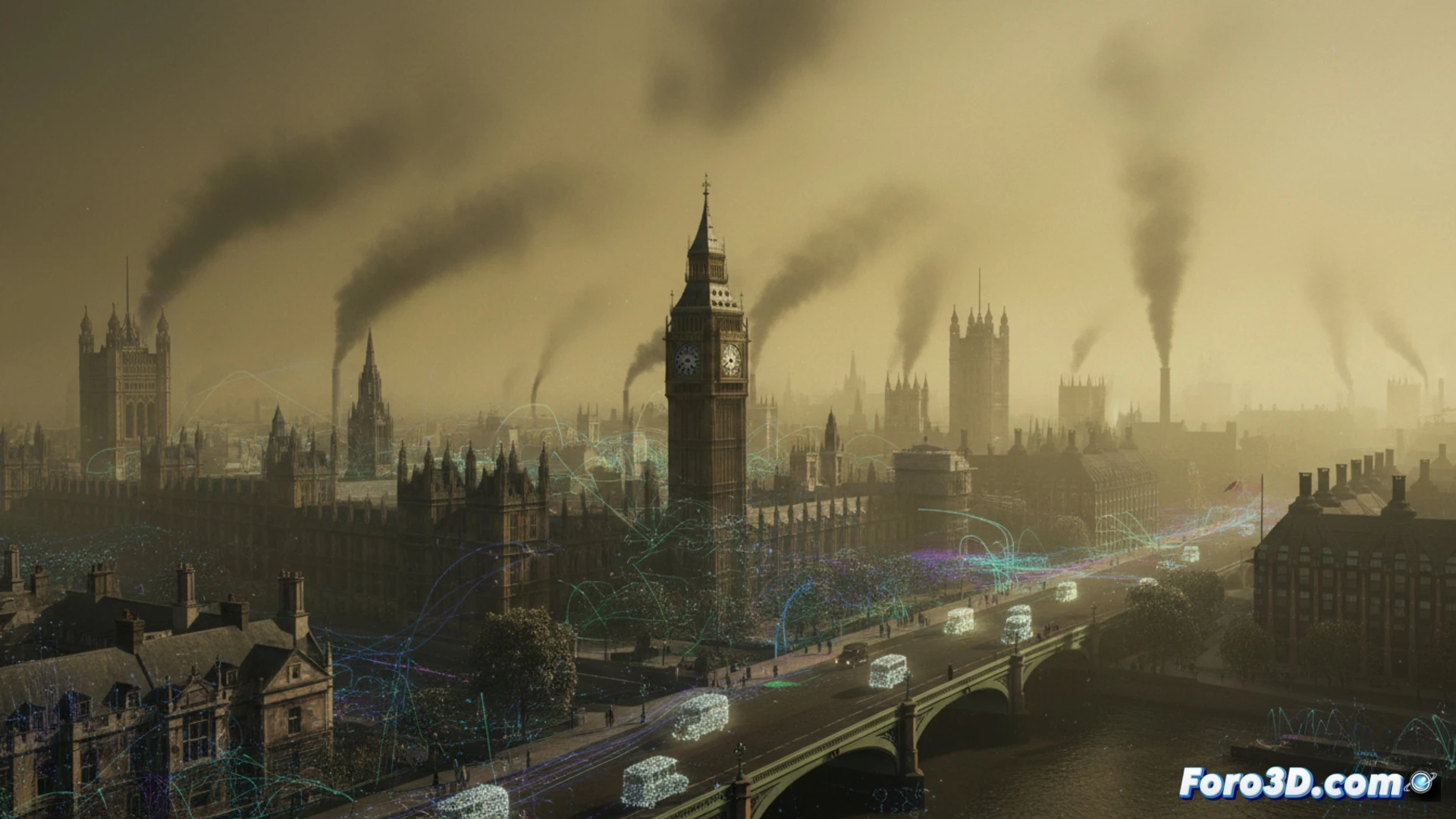 Simulación 3D del Gran Smog de Londres en 1952, niebla tóxica sobre la ciudad con inversión térmica