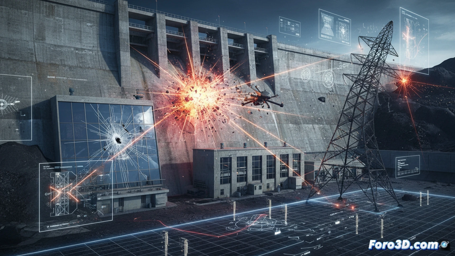 Simulación 3D impacto dron en infraestructura crítica, dispersión fragmentos y daño estructural en aeronave y torre eléctrica