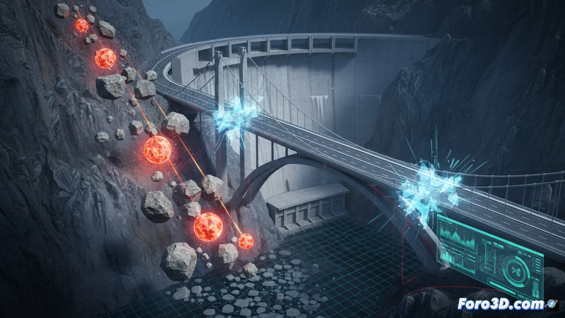 Simulación 3D de impacto de rocas en puente de hormigón con grietas y polvo, infraestructura crítica en riesgo