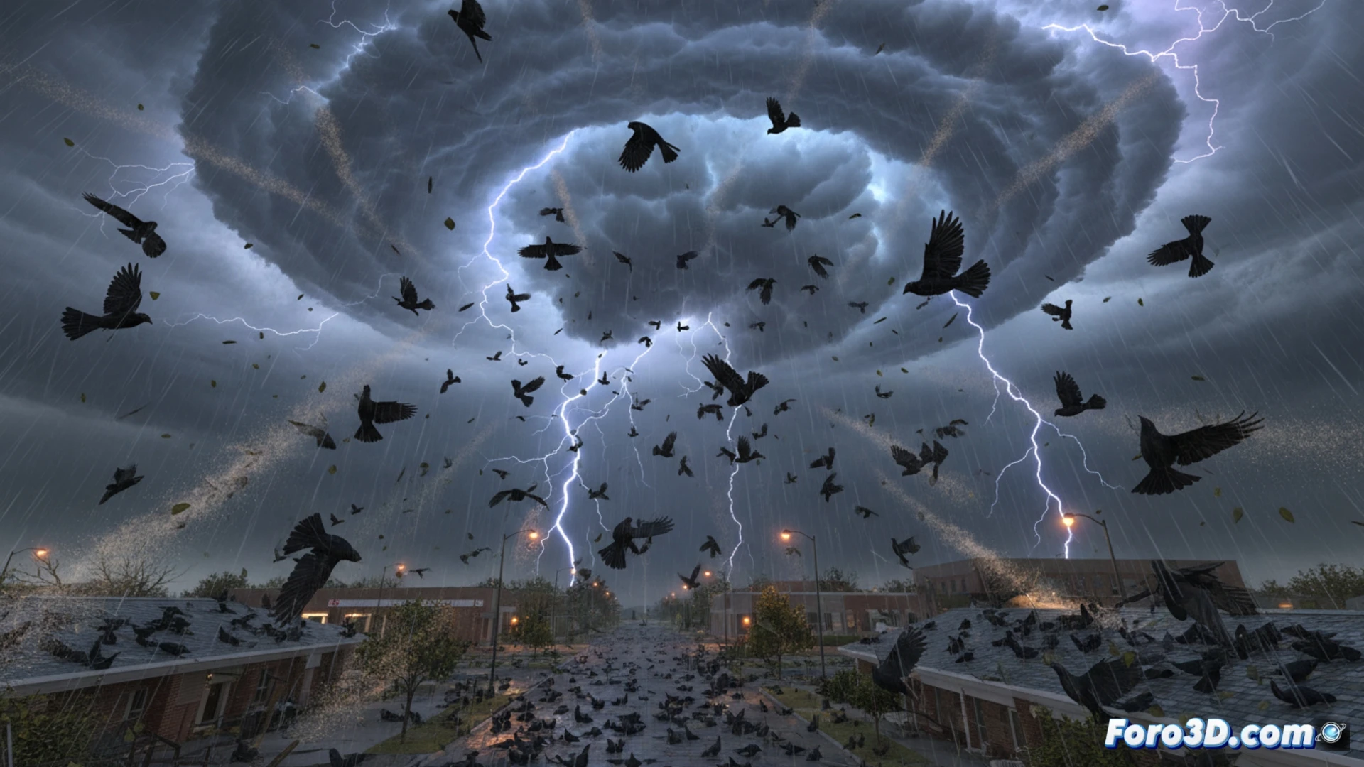 Simulación 3D de tordos cayendo del cielo en Beebe, Arkansas, durante tormenta eléctrica, con física de partículas.