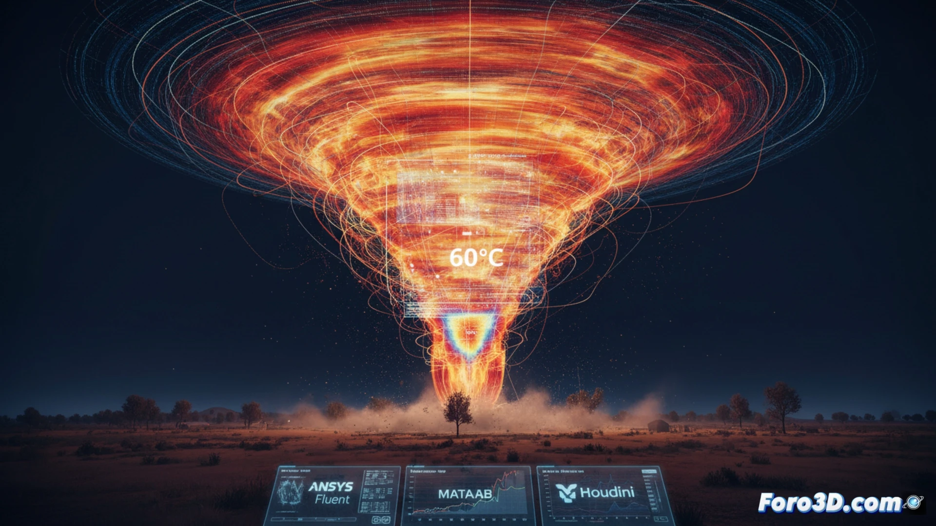 Simulación 3D de compresión adiabática extrema en Kopperl, Texas, con colores térmicos y nubes en disipación nocturna