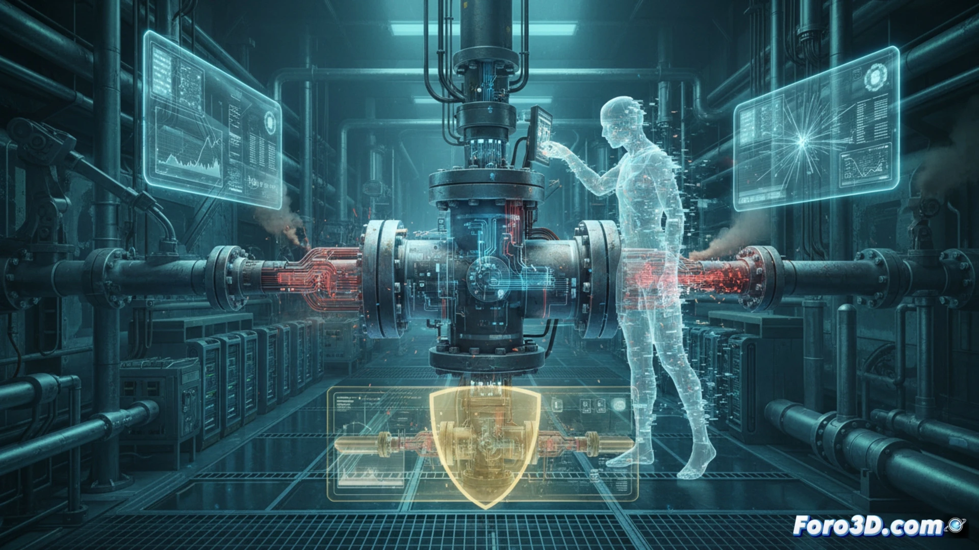 Modelo 3D de válvula programable industrial con simulación de sabotaje en planta automatizada