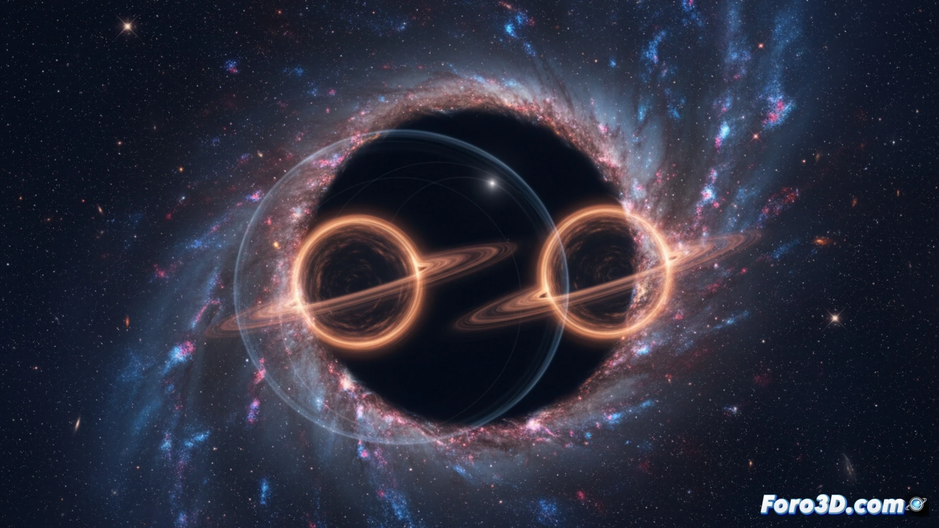 Simulación 3D del vacío estelar de Abell 402-BCG y dos agujeros negros ultramasivos en espiral, 60 mil millones de soles.