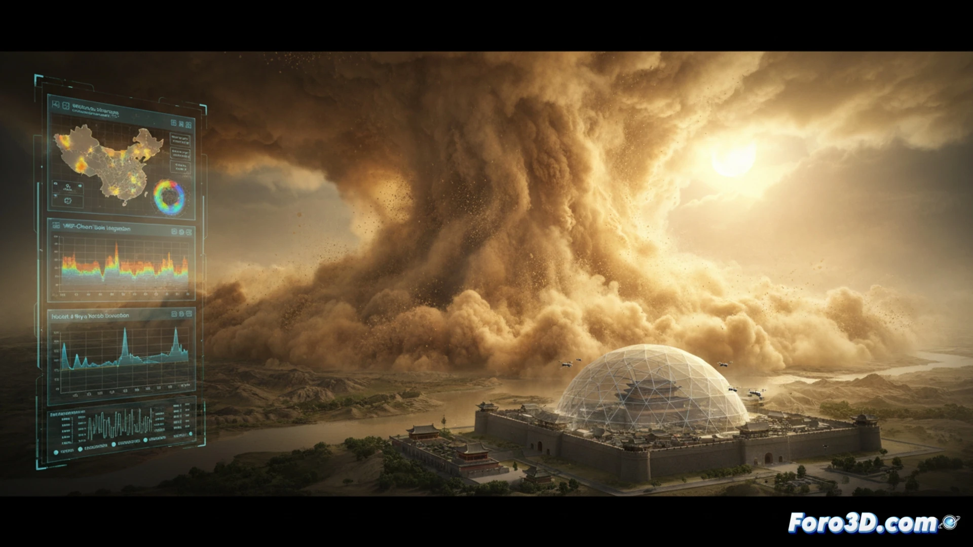 Simulación 3D de tormenta de polvo amarillo sobre paisaje desértico chino con partículas en Houdini