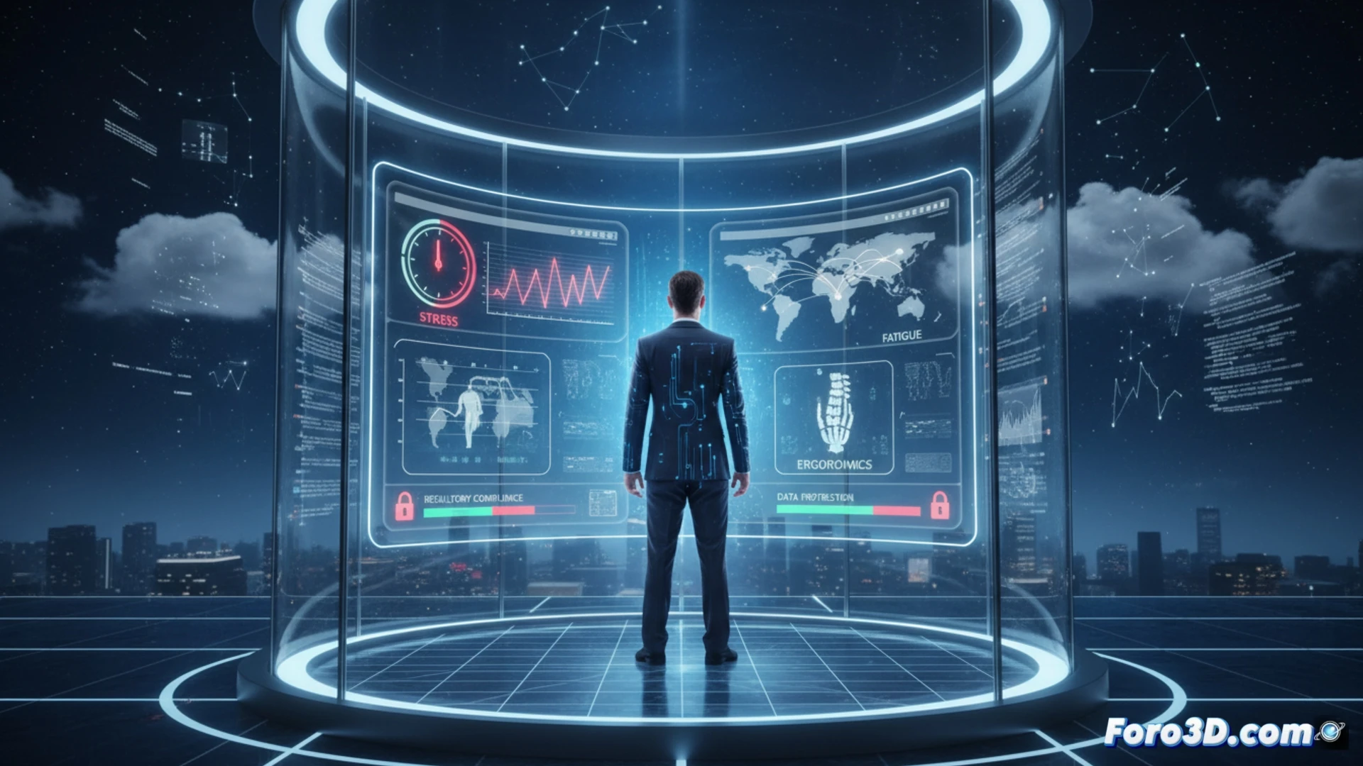 Simulación 3D de oficina con consultor empresarial estresado y fatiga visual por pantallas múltiples