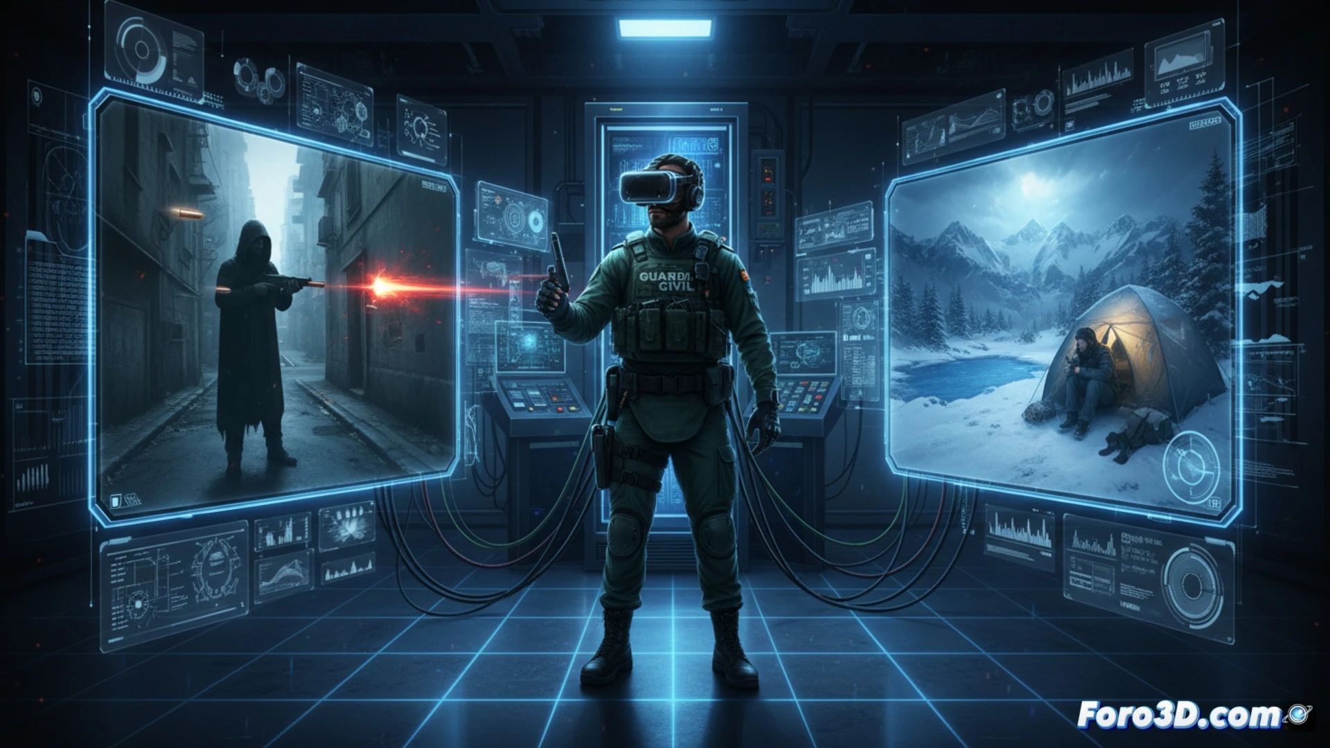 Guardia Civil en simulador 3D de montaña con equipo táctico para entrenamiento de riesgos laborales