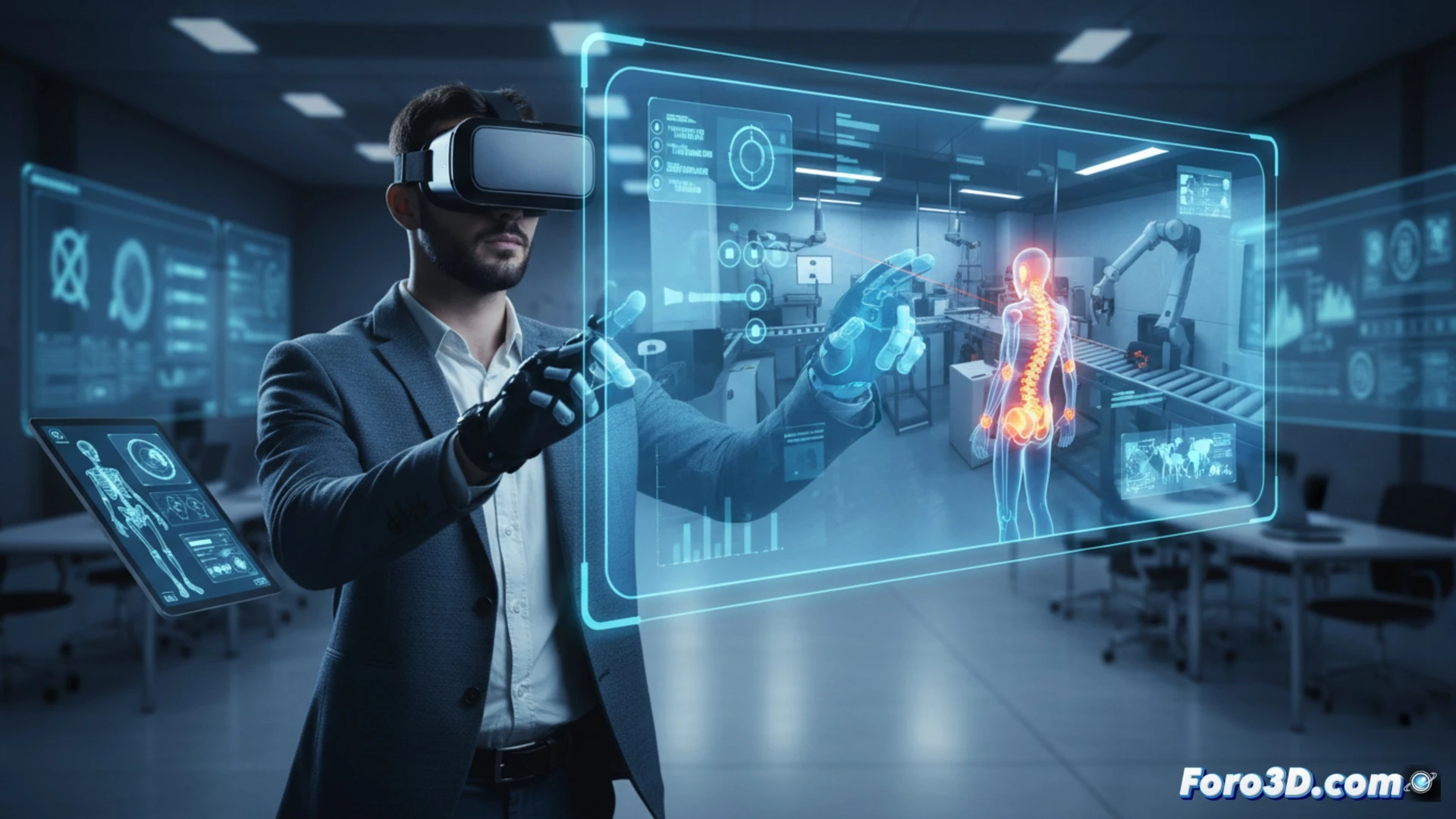 Simulación 3D de taller mostrando posturas correctas e incorrectas para prevención de riesgos del formador profesional