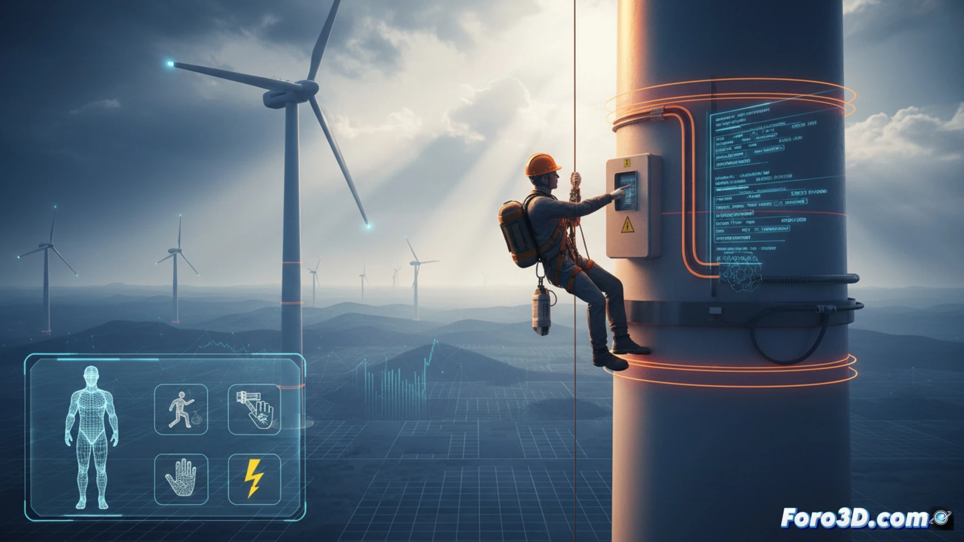 Técnico eólico en simulador 3D entrenando prevención de caídas y riesgos eléctricos en torre de aerogenerador