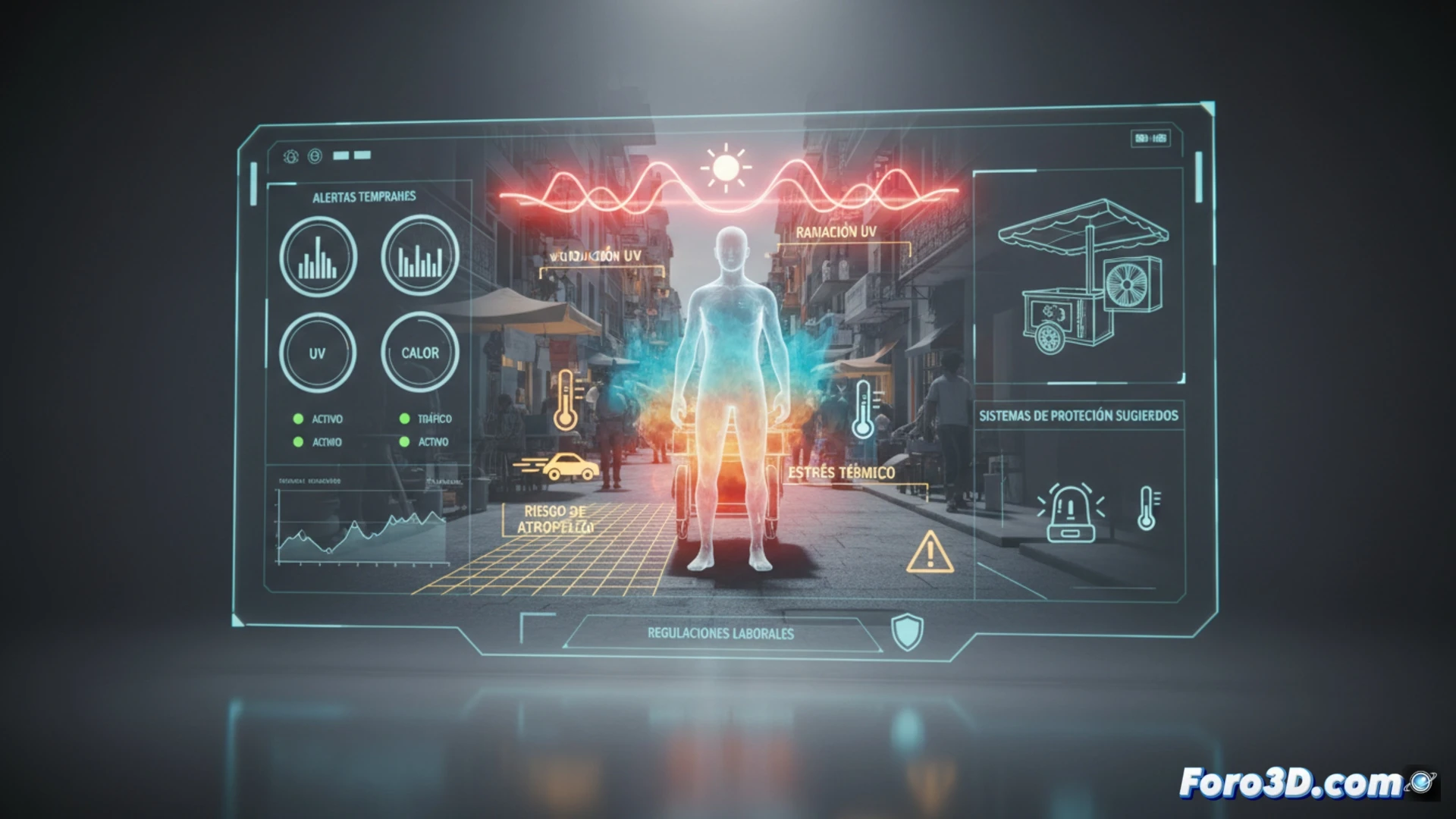 Simulación 3D de vendedor ambulante en calle con alertas de calor extremo y tráfico