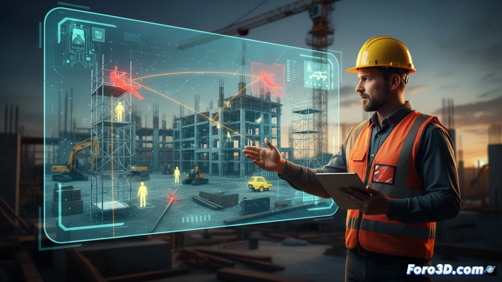 Simulación 3D de obra con jefe de obra y gemelo digital para prevención de riesgos laborales en construcción