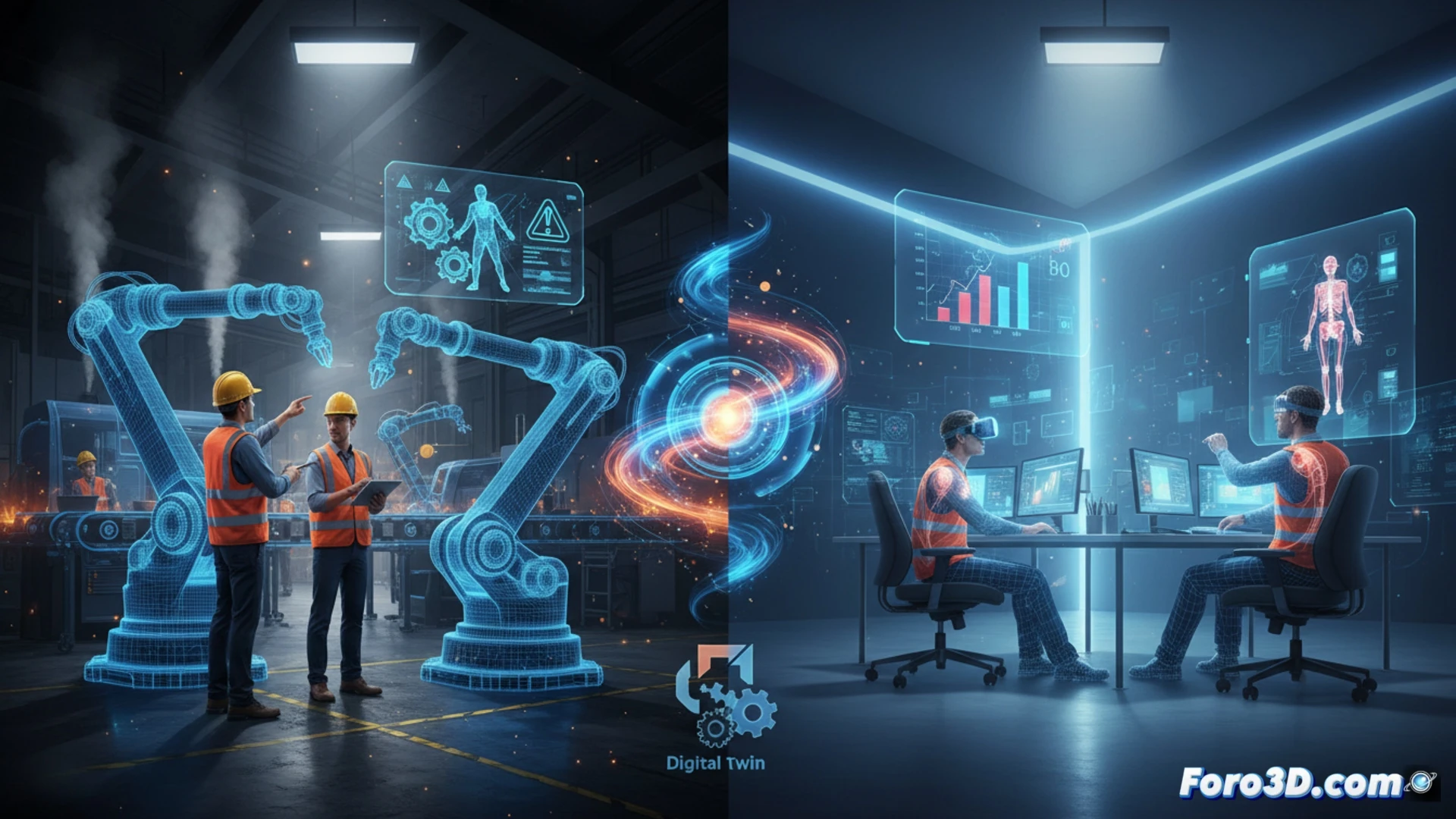 Simulación 3D de planta industrial con ingeniero mecánico revisando riesgos de maquinaria y seguridad laboral