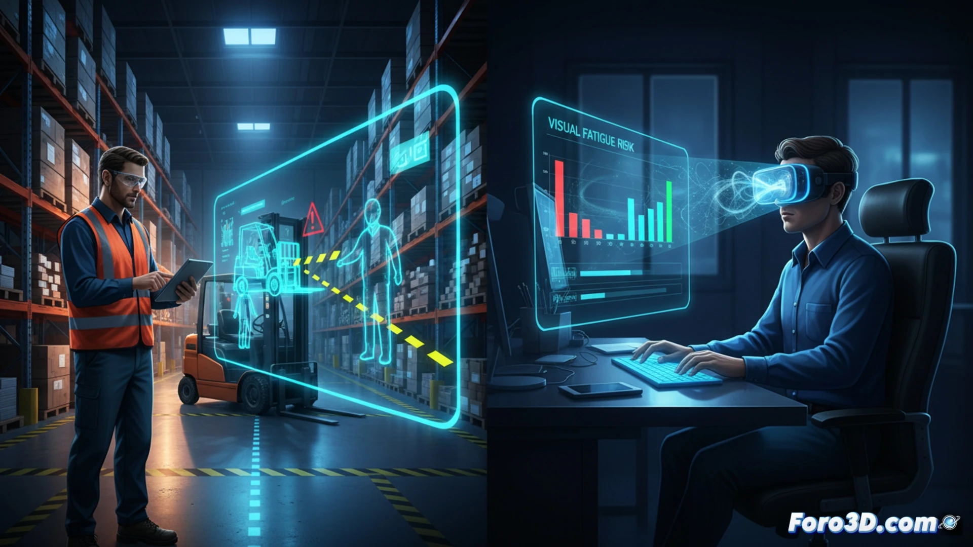 Simulación 3D de almacén con operarios y carretillas para análisis de riesgos laborales y prevención de accidentes