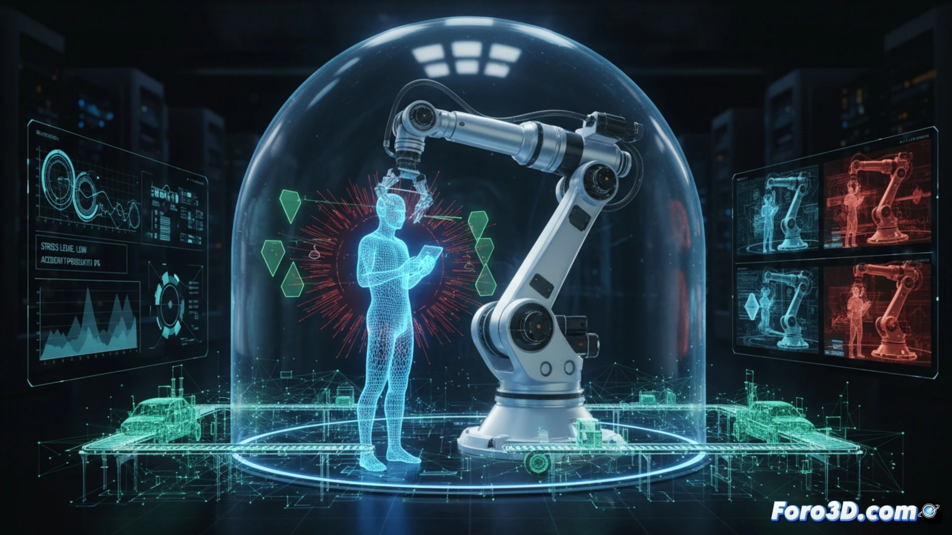 Simulacion 3D de brazo robotico en entorno industrial evitando colisiones con operario