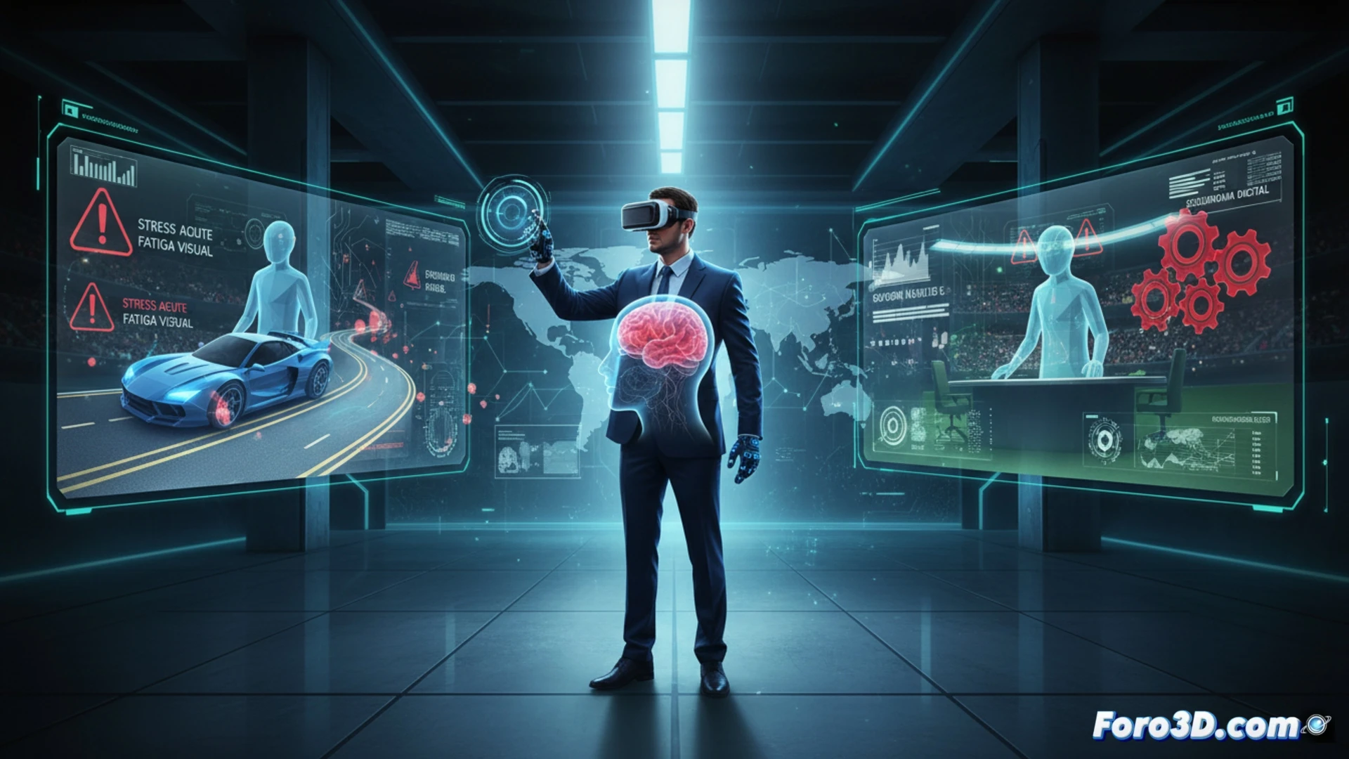 Simulación 3D de un representante deportivo en oficina virtual con análisis ergonómico y pantallas interactivas