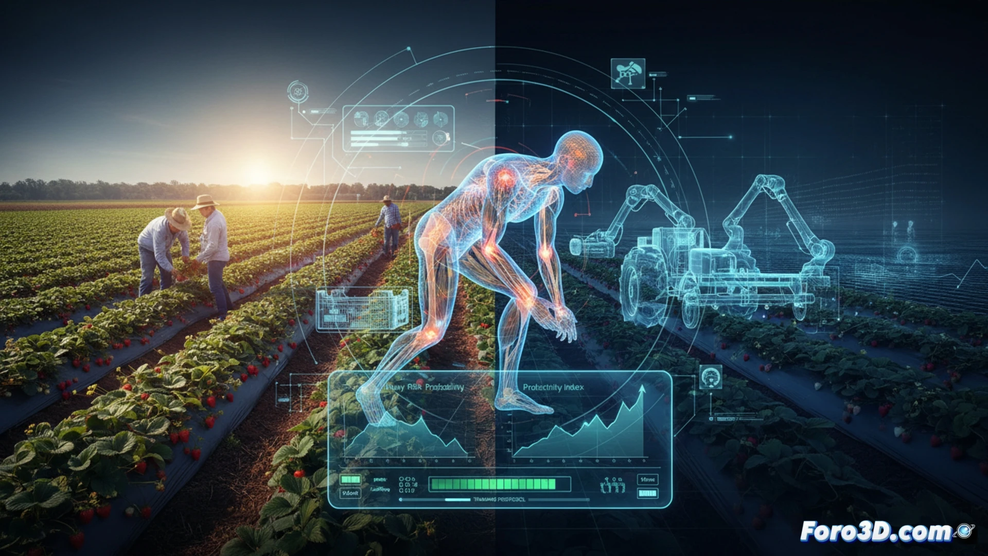 Simulación 3D de un trabajador agrícola levantando una caja, con análisis de postura y biomecánica en campo.