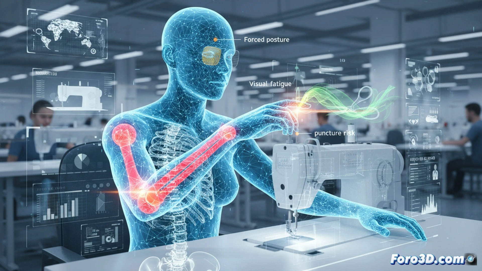 Simulación 3D de puesto de costura con análisis ergonómico para prevenir lesiones por posturas forzadas y movimientos repetitivos