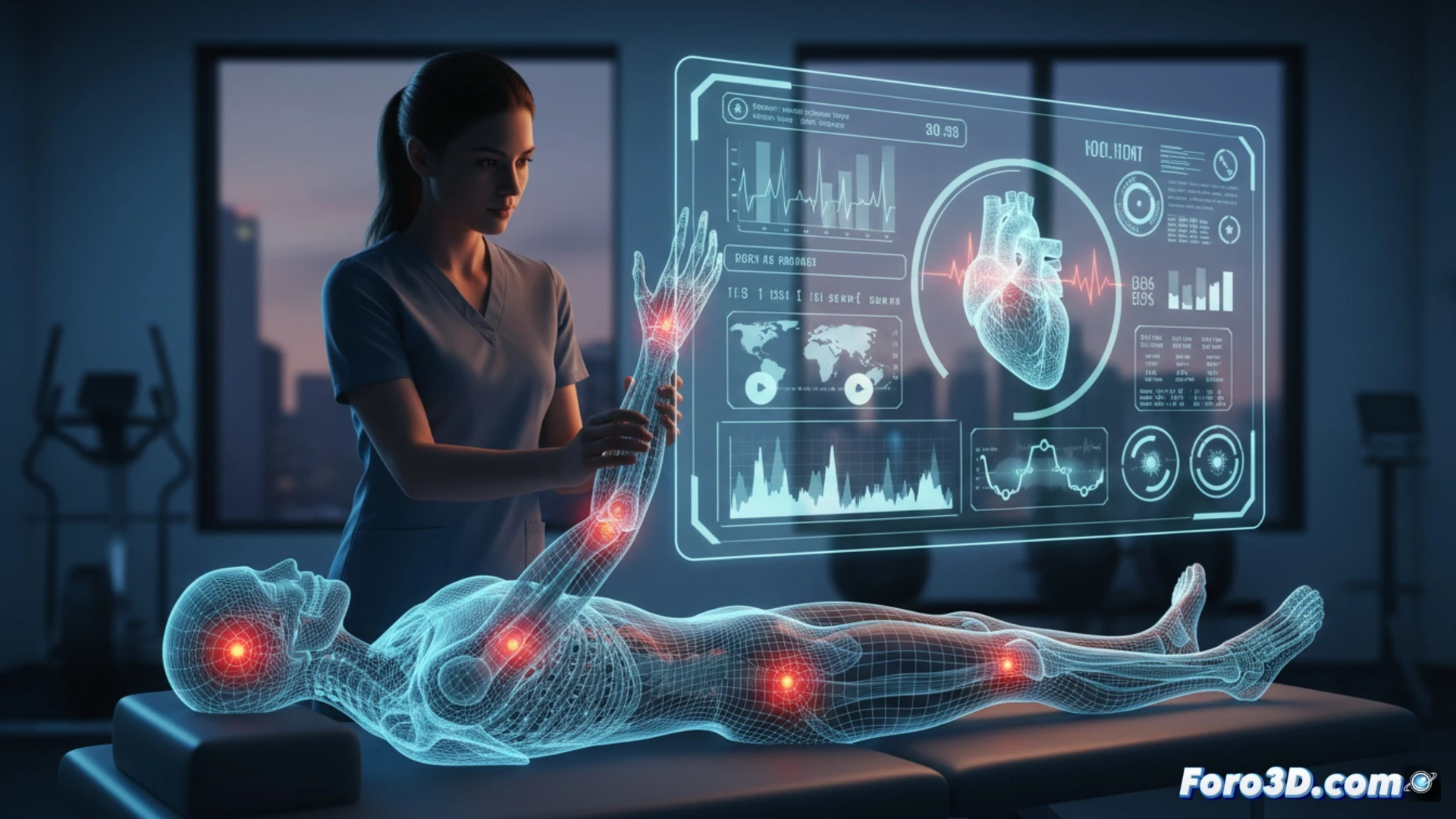 Simulación 3D biomecánica de fisioterapeuta realizando movilización de paciente para prevenir lesiones laborales por sobreesfuerzo