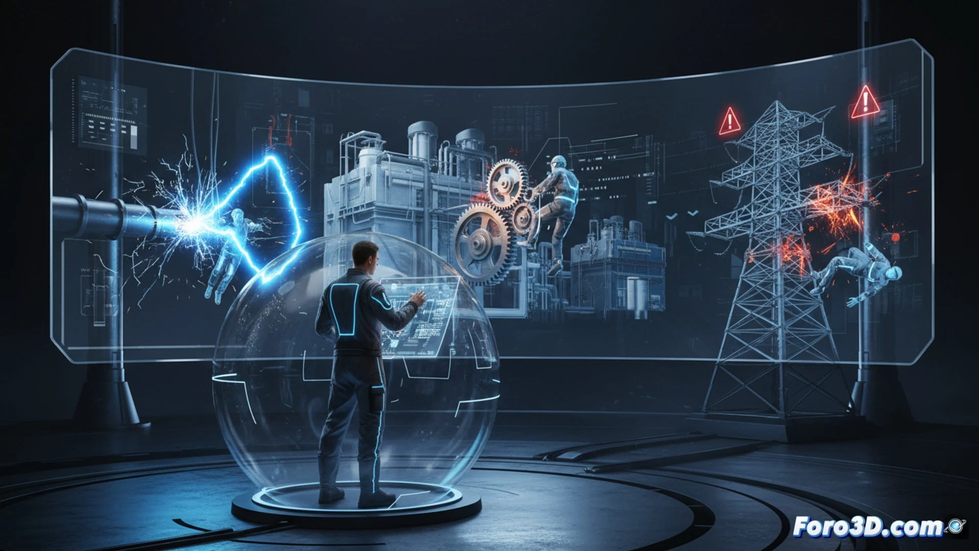 Simulación 3D de taller industrial con operario virtual identificando riesgos de electrocución y atrapamiento en gemelo digital