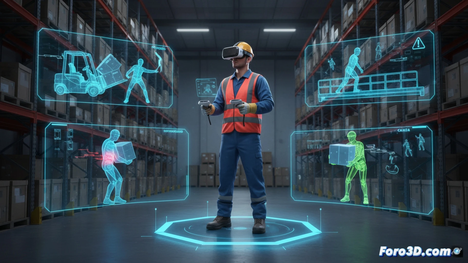 Mozo de almacén en simulación 3D de prevención de riesgos laborales con estanterías y carretillas