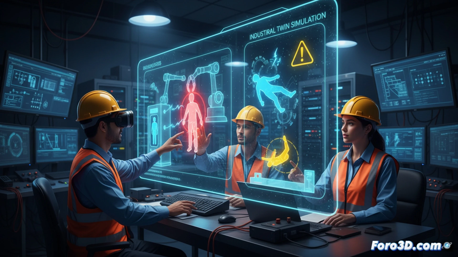 Simulación 3D de gemelo digital en fábrica automatizada con robots y operario revisando riesgos laborales