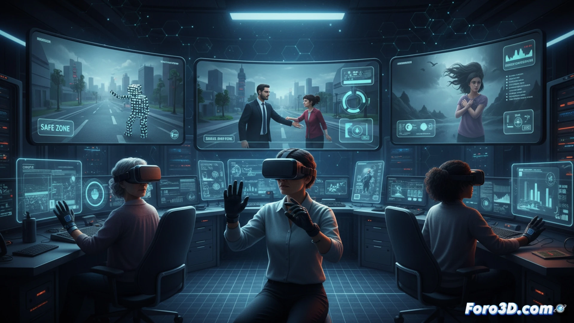 Educador social en simulacion 3D de entorno urbano hostil con sistema de alerta temprana