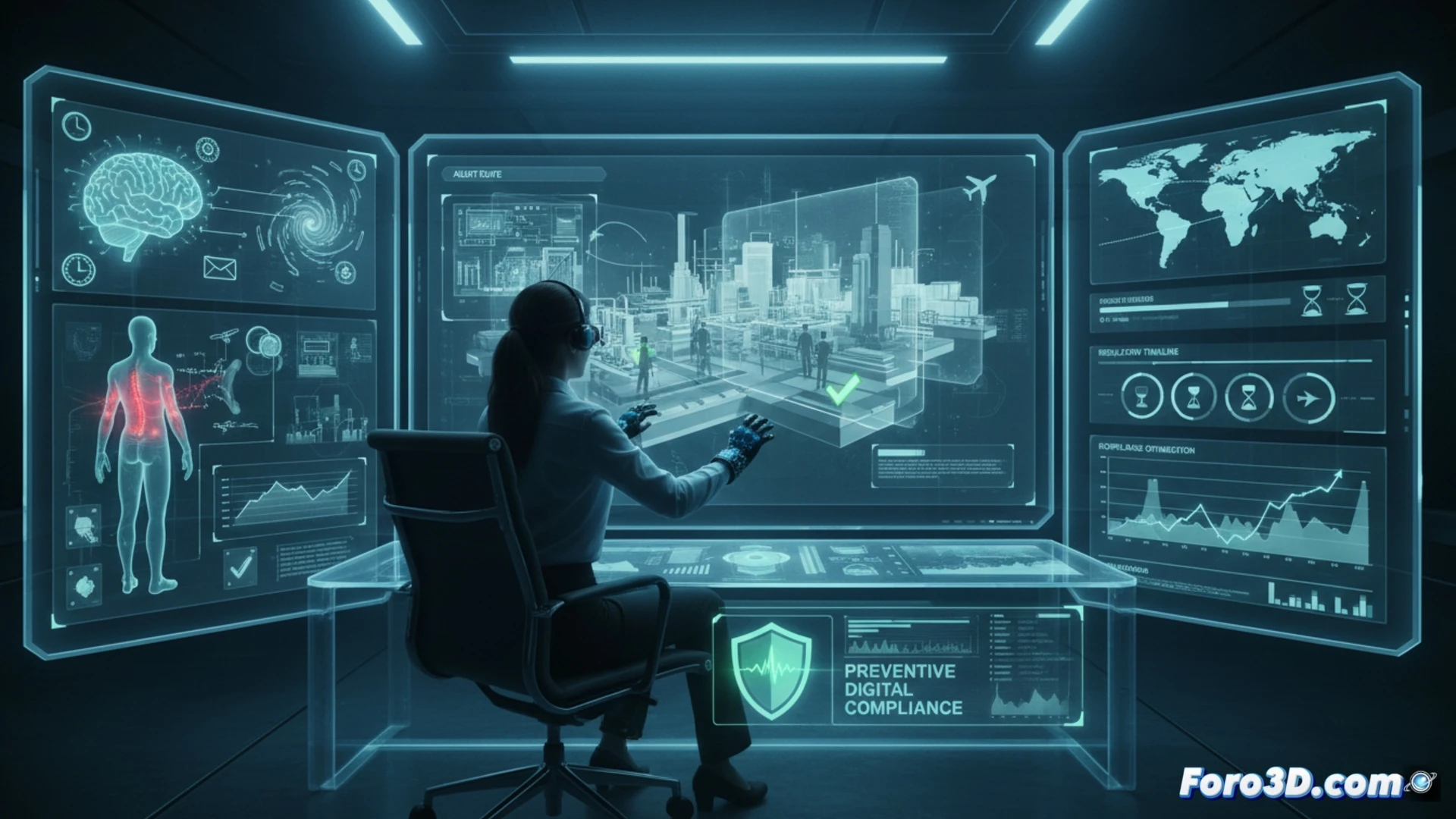 Simulación 3D de oficina sostenible con especialista revisando datos de compliance y riesgos laborales