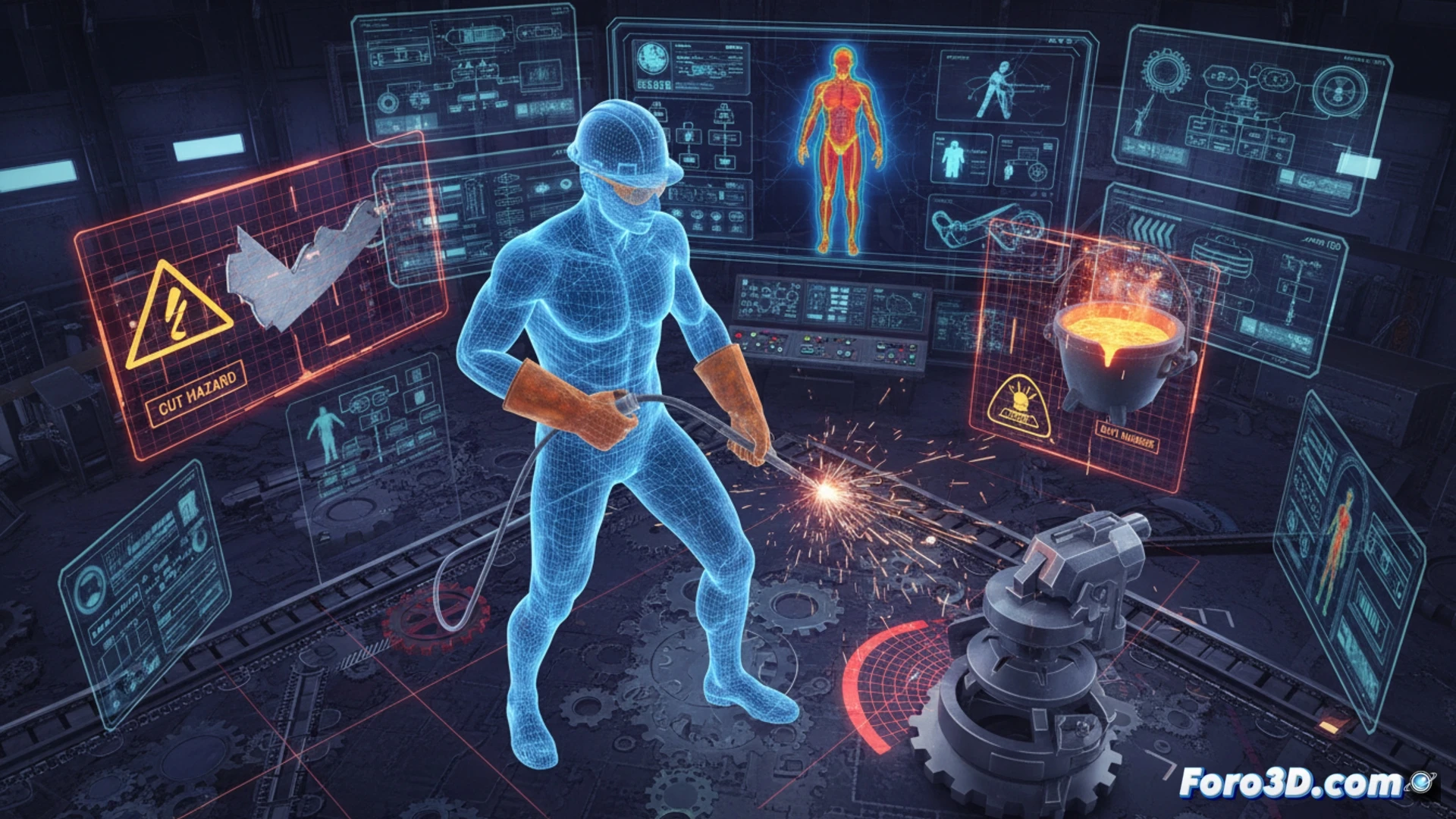 Simulacion 3D de taller de caldereria con operario soldando chapa metalica y maquinaria pesada de fondo