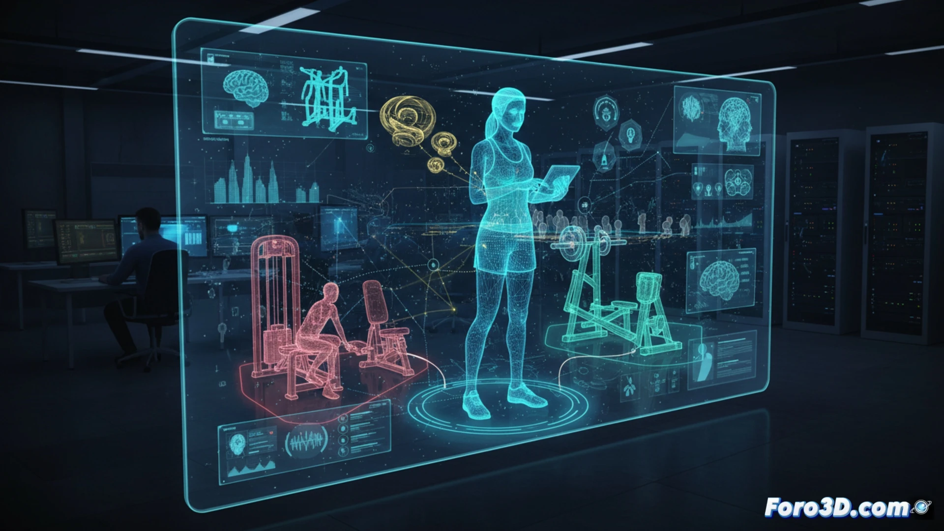 Simulación 3D de gestor deportivo en instalación con riesgos de caídas y estrés laboral