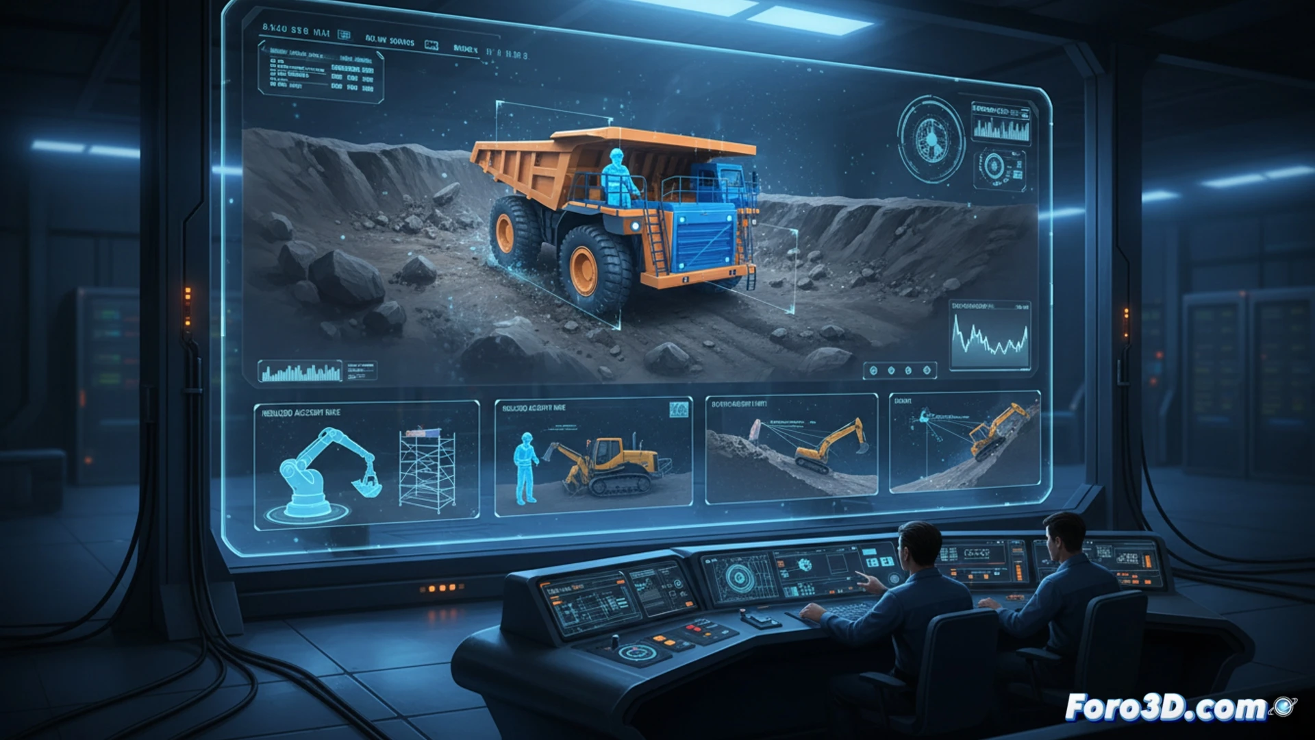 Simulación 3D de maquinaria pesada en obra, operador virtual analizando riesgos de vuelco y atrapamiento